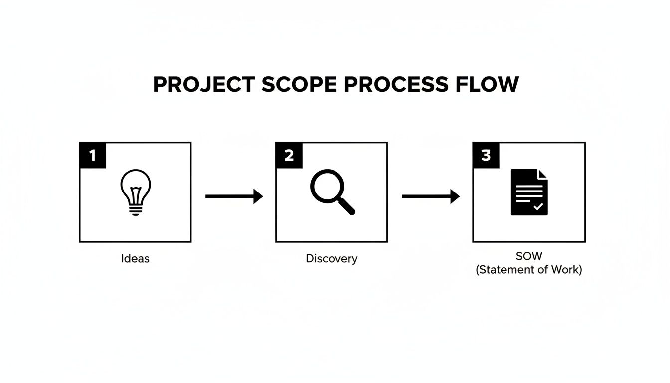 A clear project scope process flow diagram showing three steps: Ideas, Discovery, and Statement of Work.