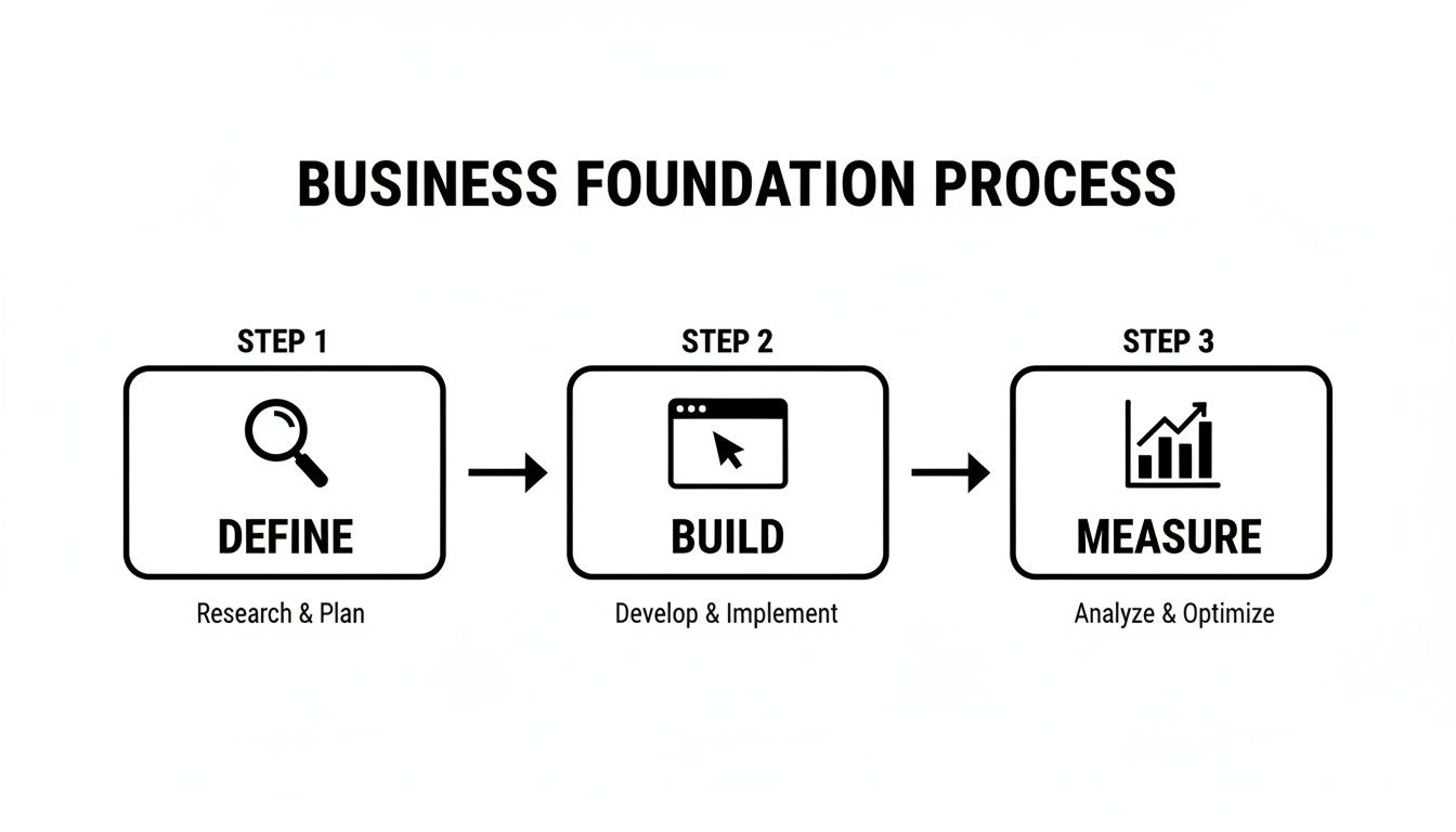 A three-step business foundation process outlining steps to define, build, and measure growth.