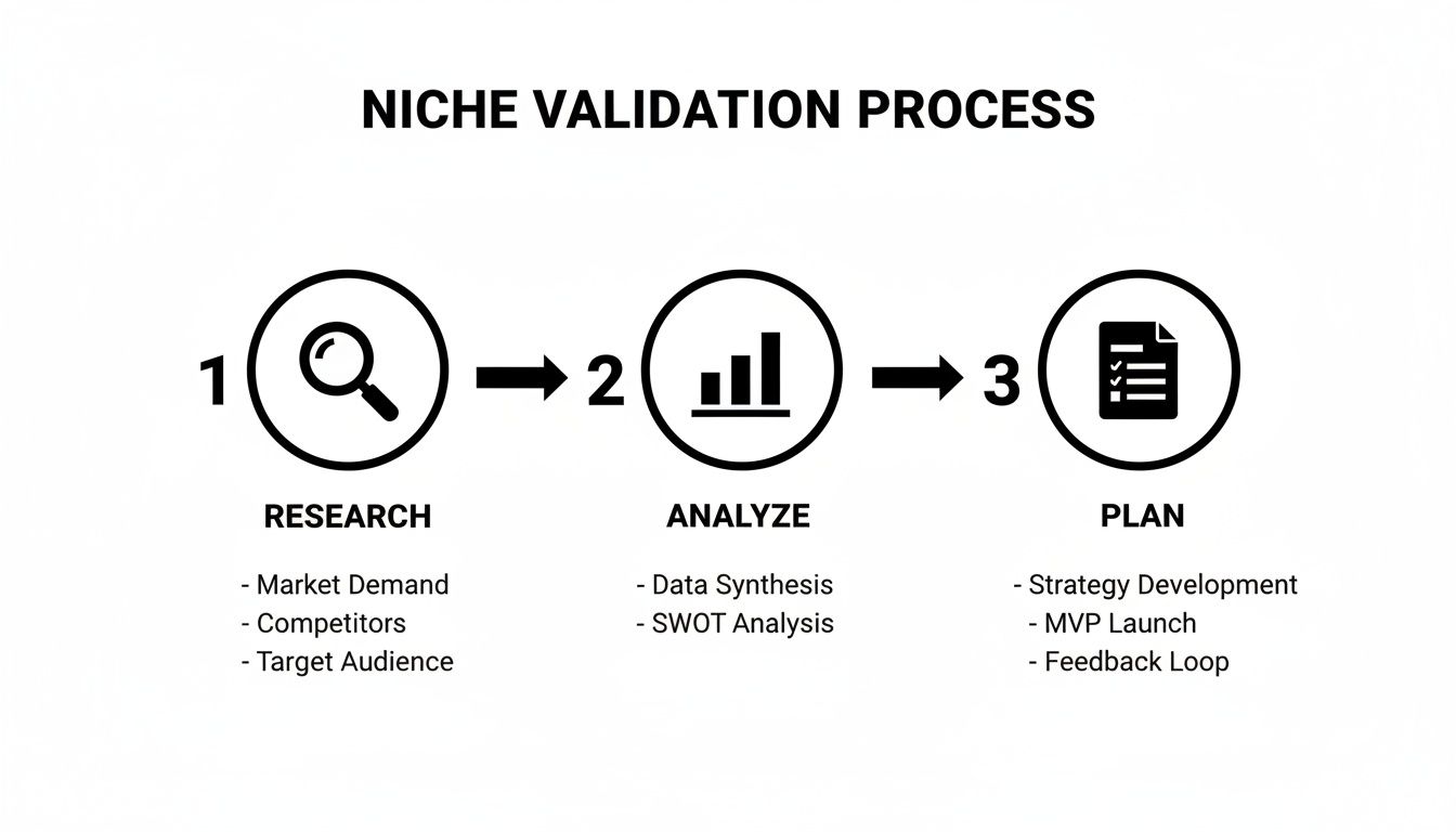A Niche Validation Process flow diagram with three steps: Research, Analyze, and Plan.