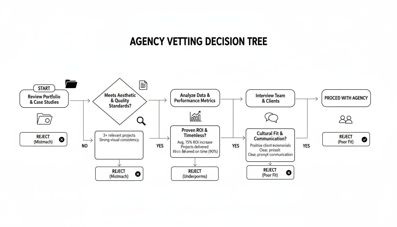A flowchart showing an agency vetting decision tree, outlining steps to evaluate and select an agency.