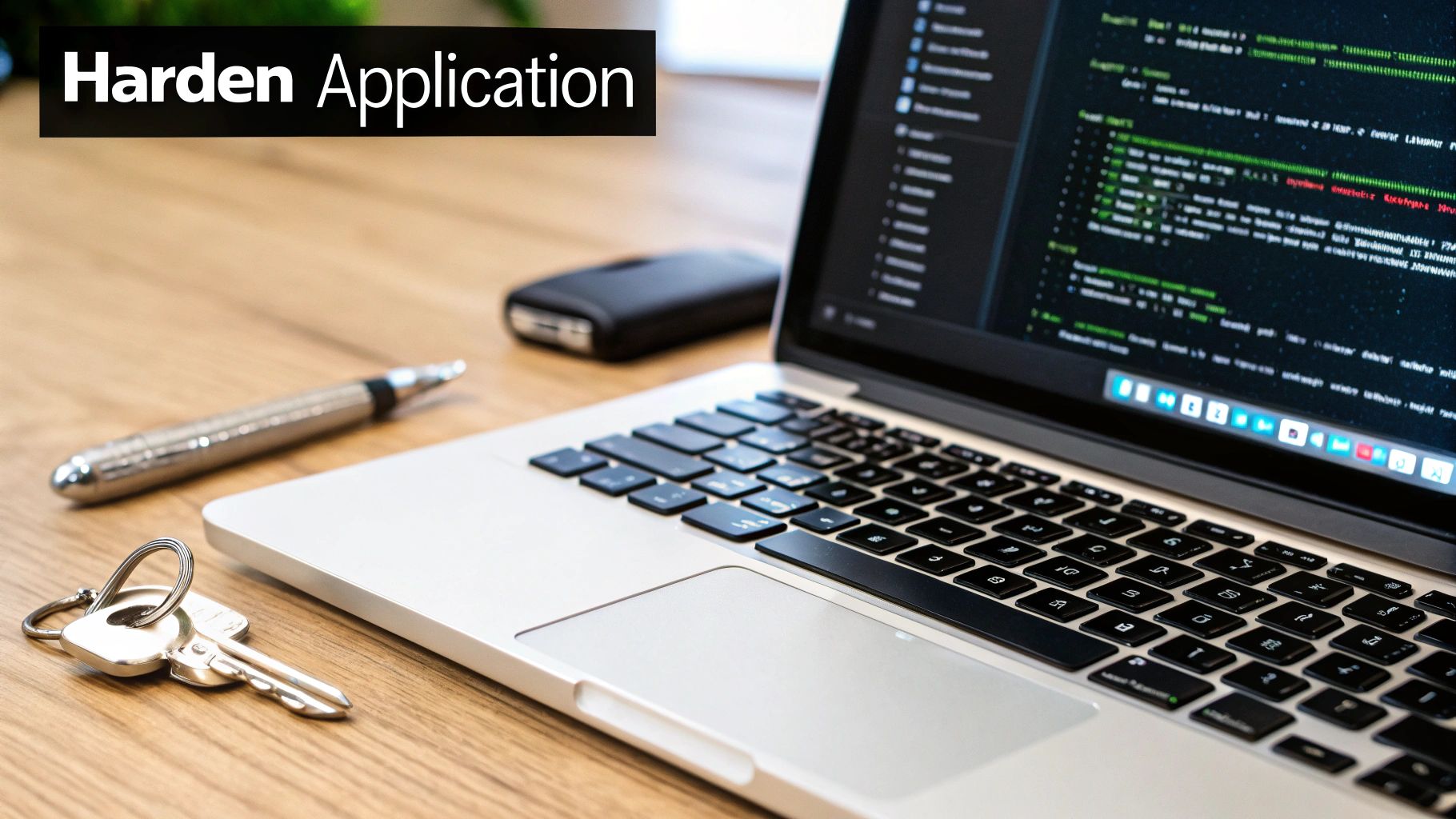 A laptop screen displays lines of code, with keys and a pen on a wooden desk. Text reads 'Harden Application'.