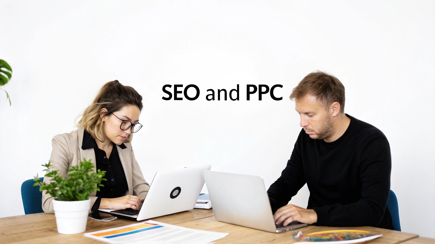 Two marketing professionals collaboratively working on laptops at a desk, discussing SEO and PPC strategies.