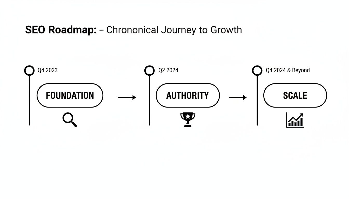 An SEO roadmap outlining a chronological journey to growth through Foundation, Authority, and Scale stages.