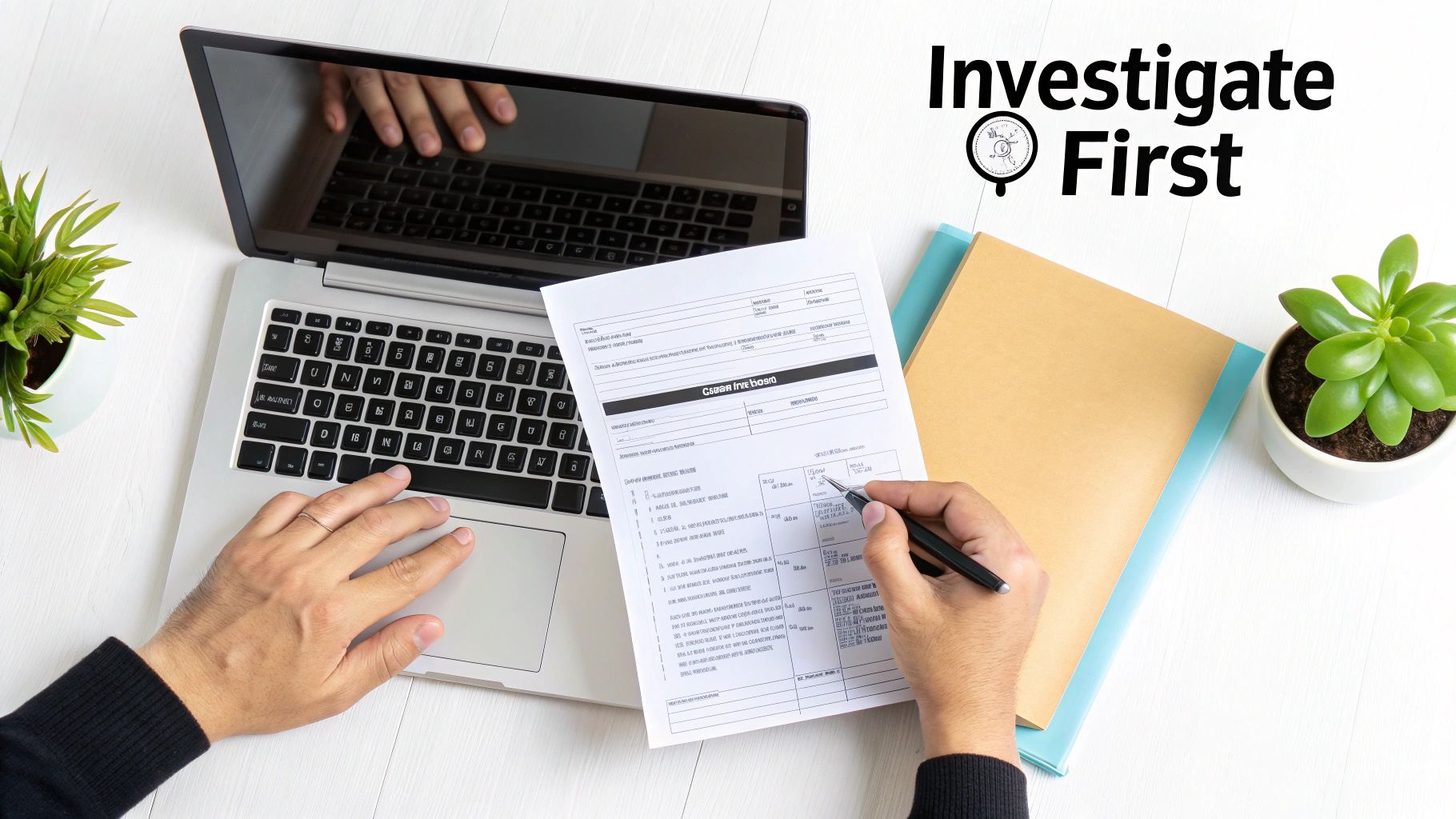 A team collaborating around a table, looking at data on a tablet, representing the investigation phase before responding to a negative review.