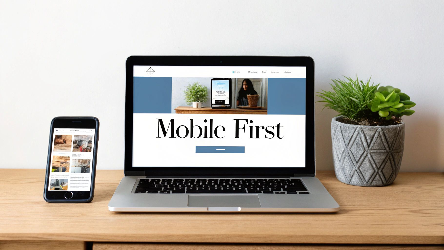 A laptop and smartphone on a wooden desk, both displaying web design content, emphasizing mobile first.