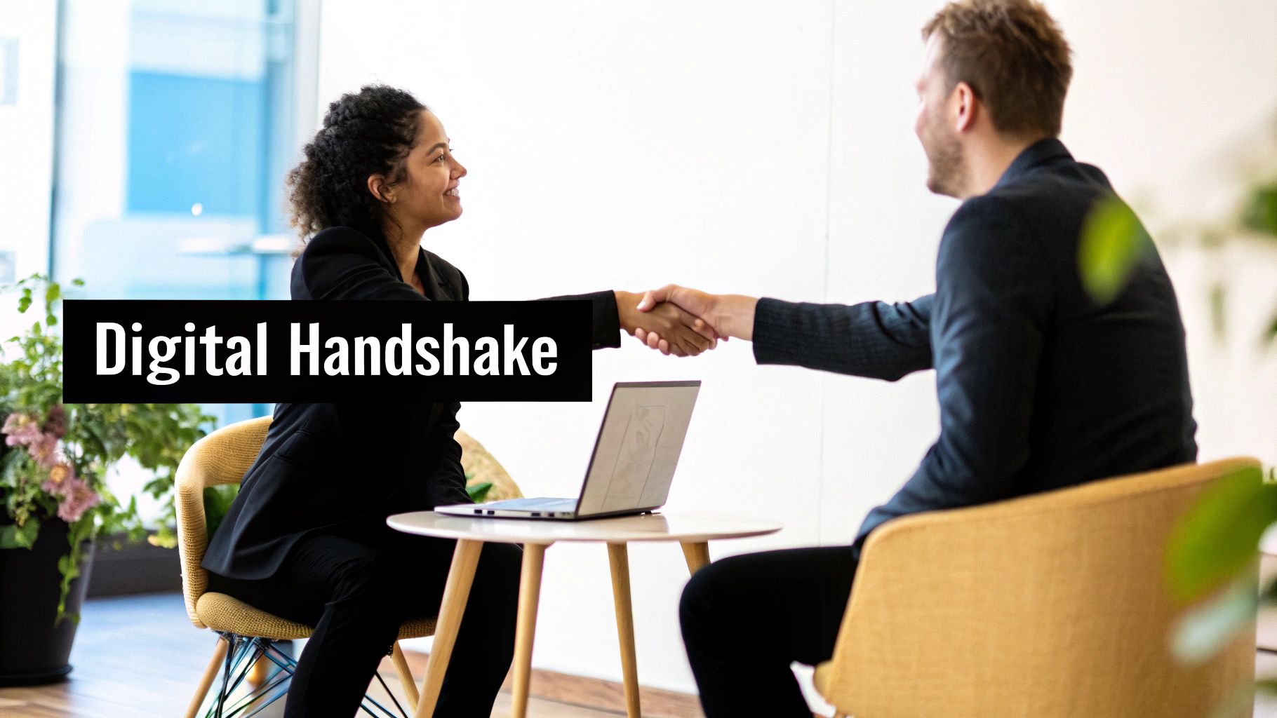 Two diverse professionals shaking hands across a table with a laptop in a modern office.