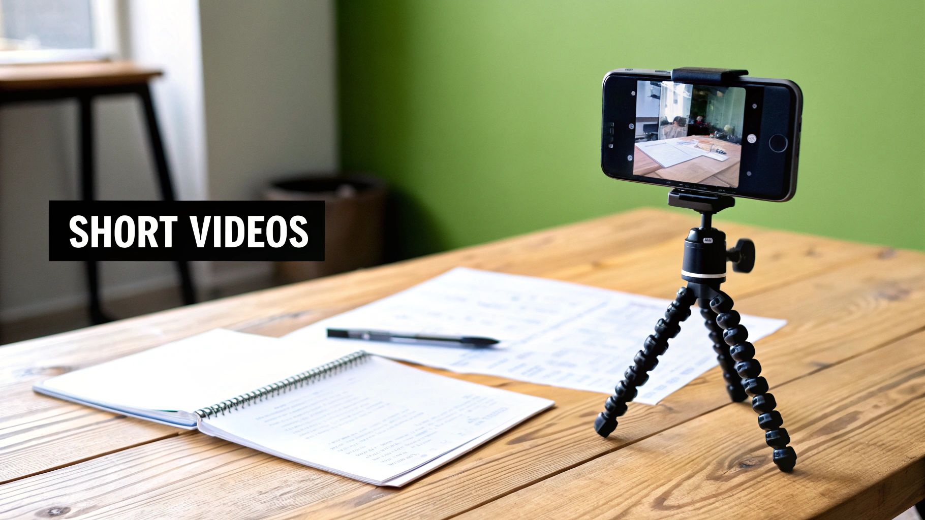 A smartphone on a flexible tripod records a desk with notebooks and a pen for short videos.