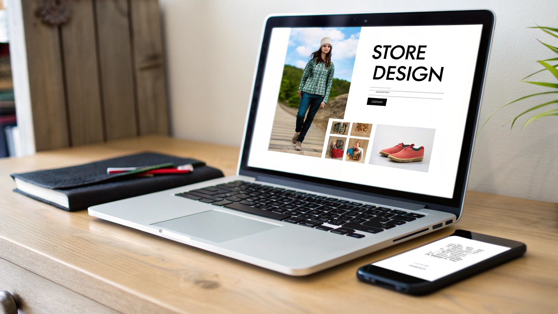 Laptop showing 'Store Design' website with fashion products, alongside a notebook and smartphone on a wooden desk.
