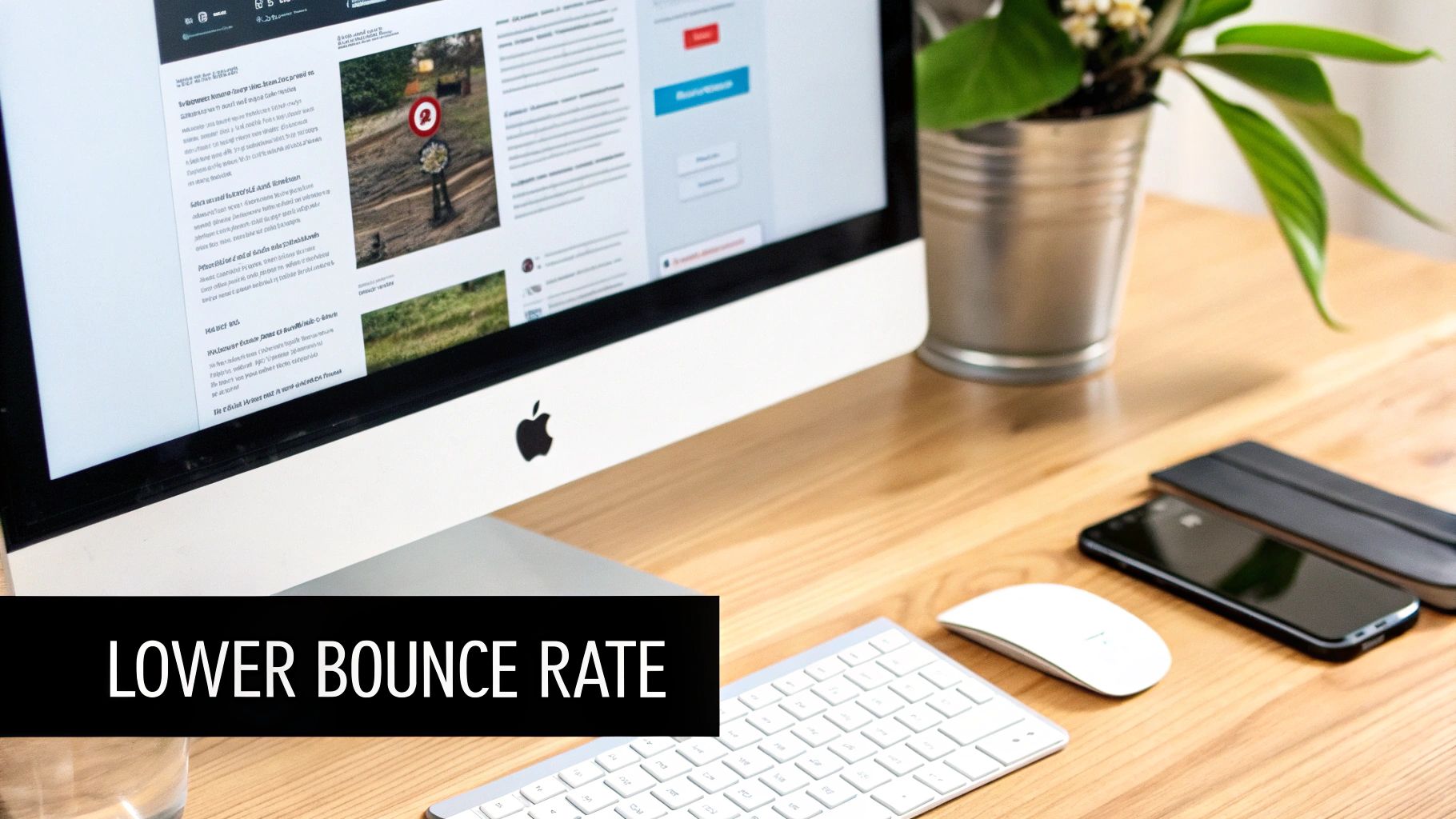 Desktop workspace showing website analytics and design mockups on computer monitor to lower bounce rate
