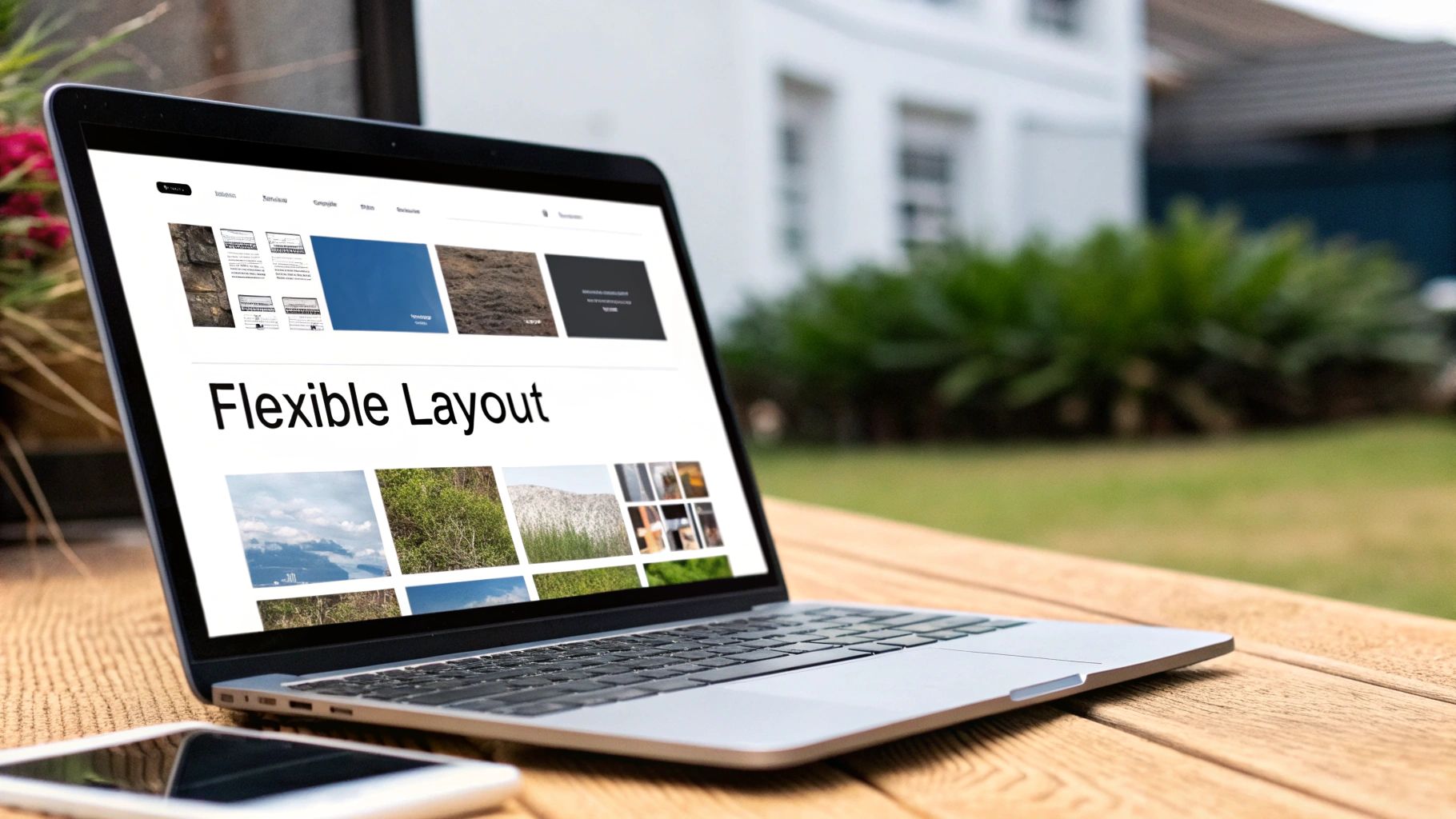 A laptop on a wooden table displaying a responsive website with text 'Flexible Layout' and various images, with a smartphone nearby.