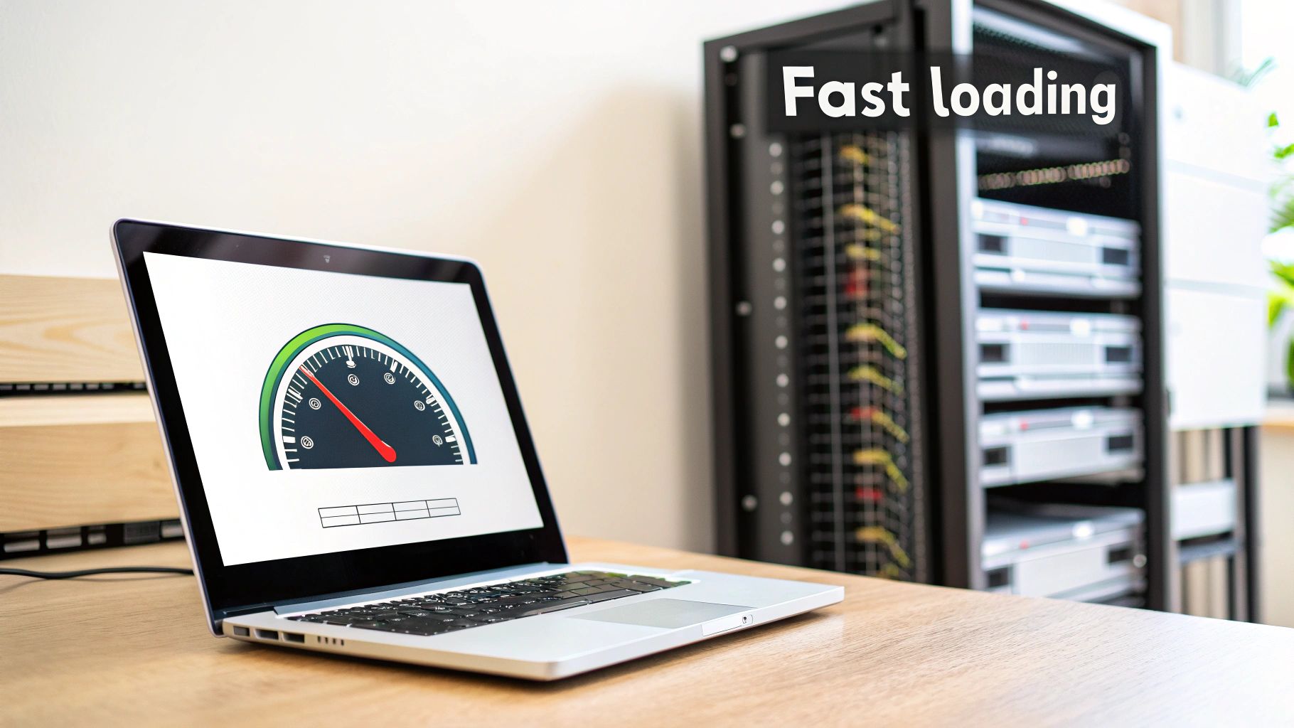 A laptop screen displays a speed gauge indicating fast loading, with a server rack in the background.