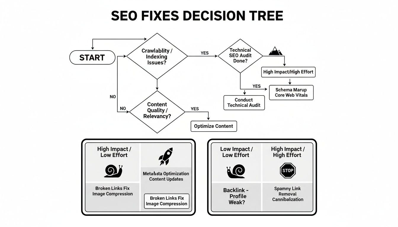 SEO Fixes Decision Tree flowchart guiding through crawlability, content, and technical audit steps with impact/effort matrix.