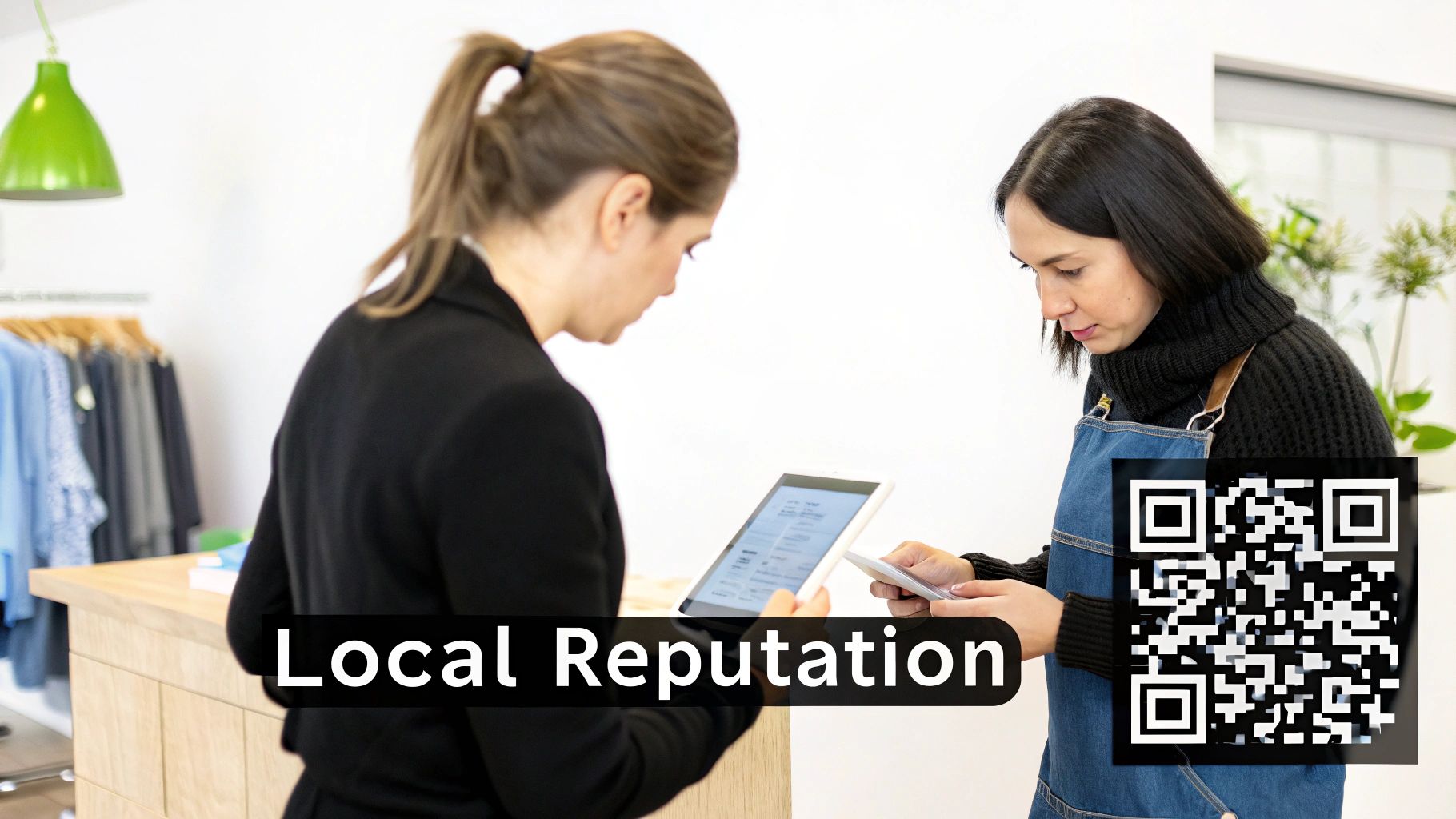 Two women in a boutique using a tablet and phone, featuring a QR code and 'Local Reputation' text.
