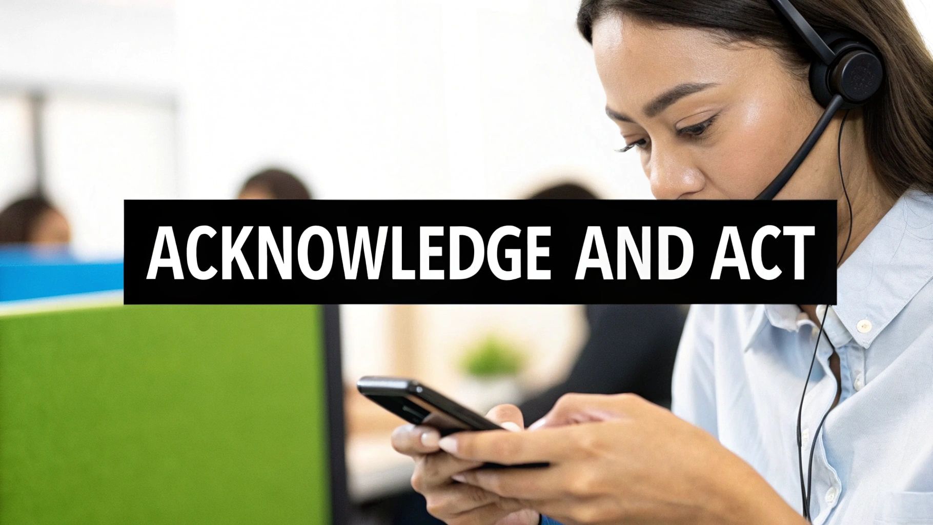 A customer service agent with a headset uses her phone, displaying 'ACKNOWLEDGE AND ACT' text.
