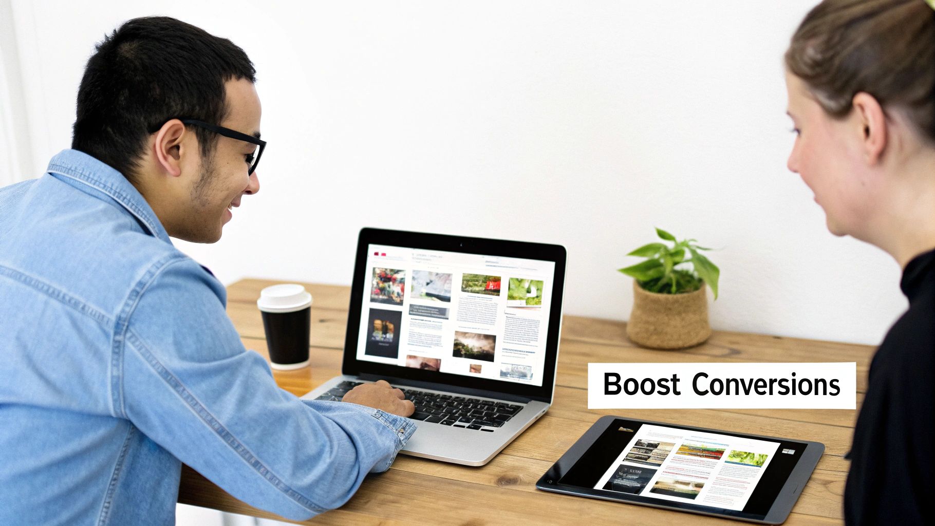 Two people, a man and a woman, collaborate on a laptop and tablet to boost conversions.
