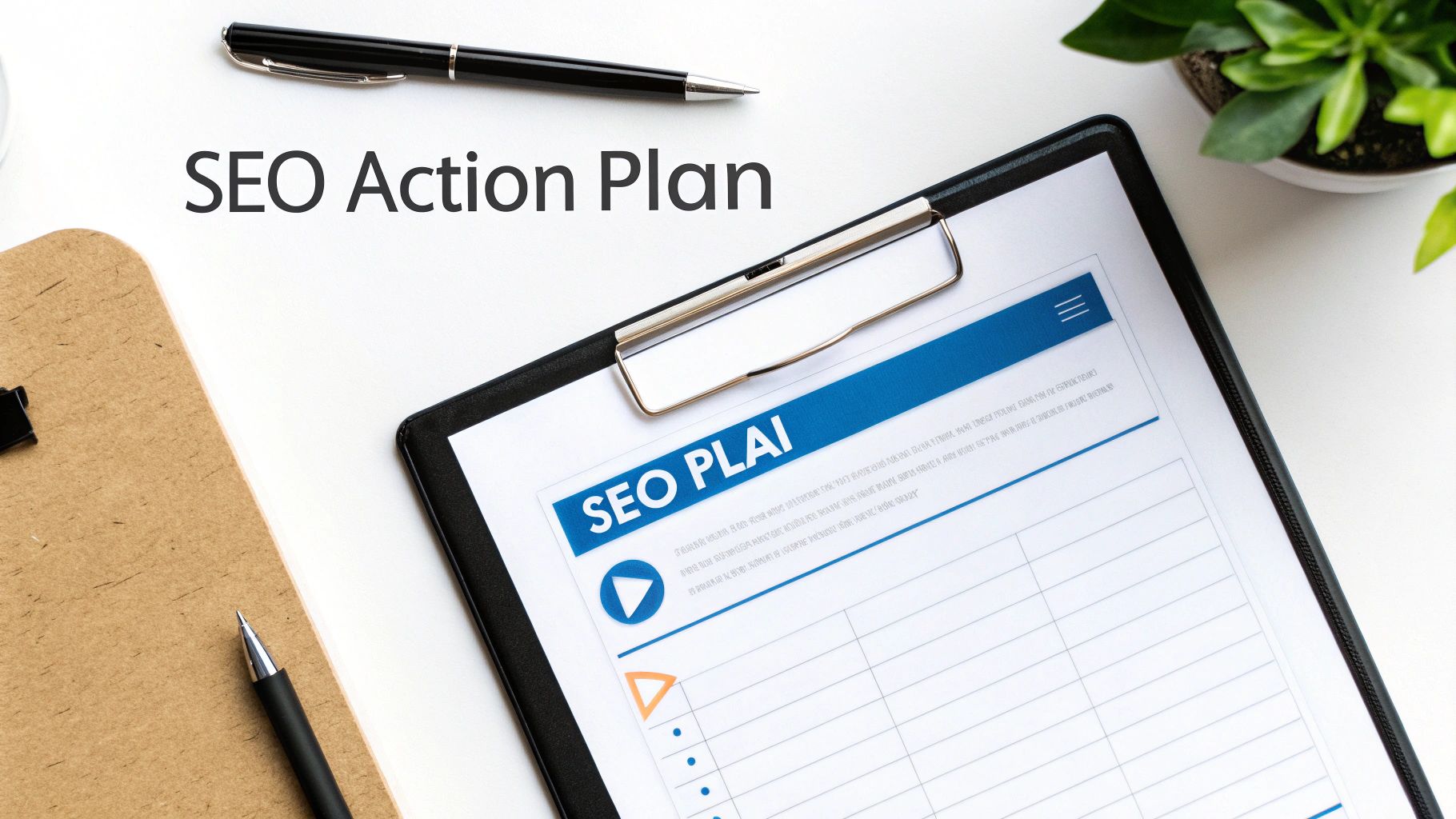 A top-down view of an office desk with a document titled 'SEO Action Plan', pens, and a plant.