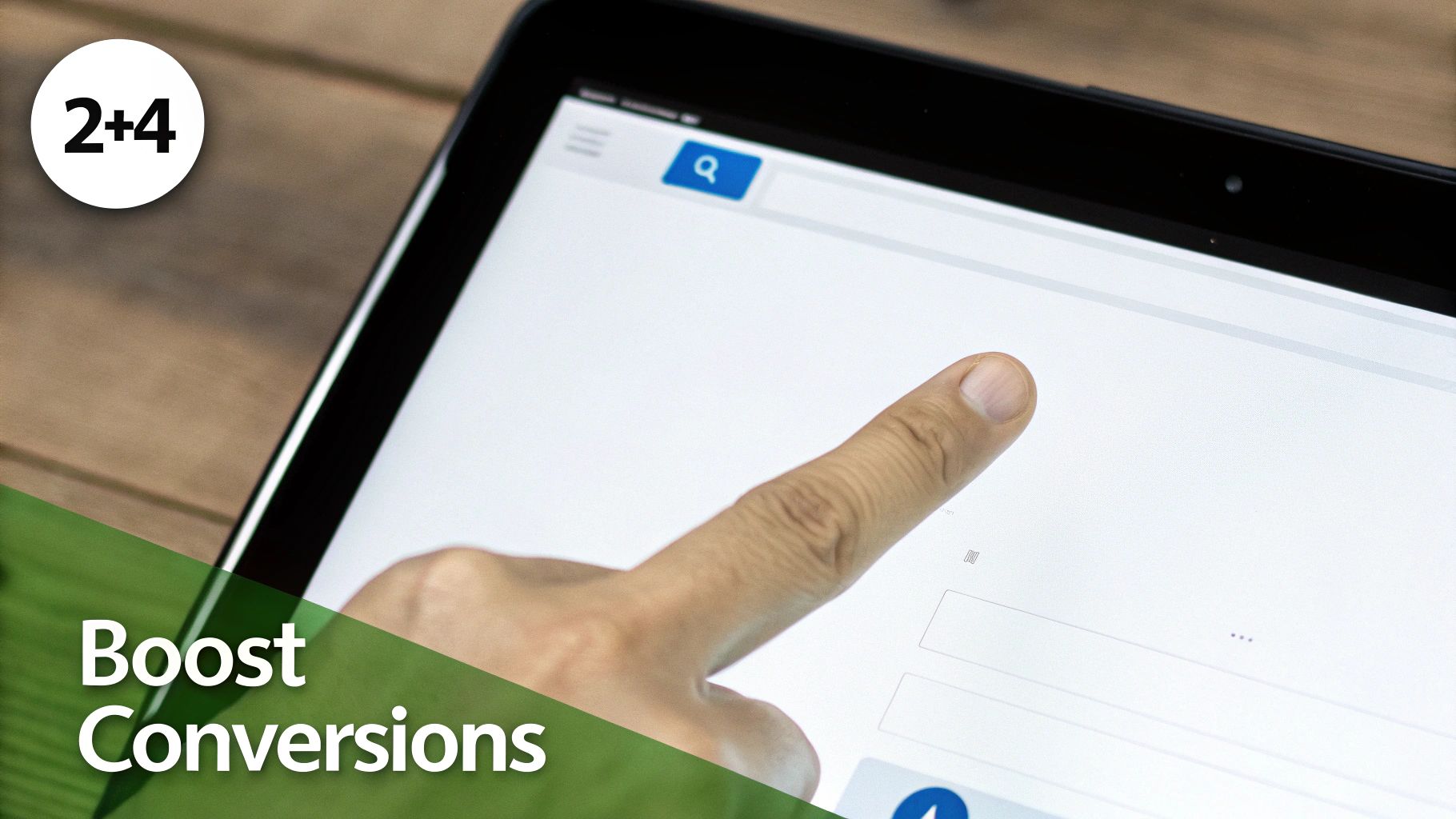 A close-up of a person's finger interacting with a tablet displaying a web page and text 'Boost Conversions'.