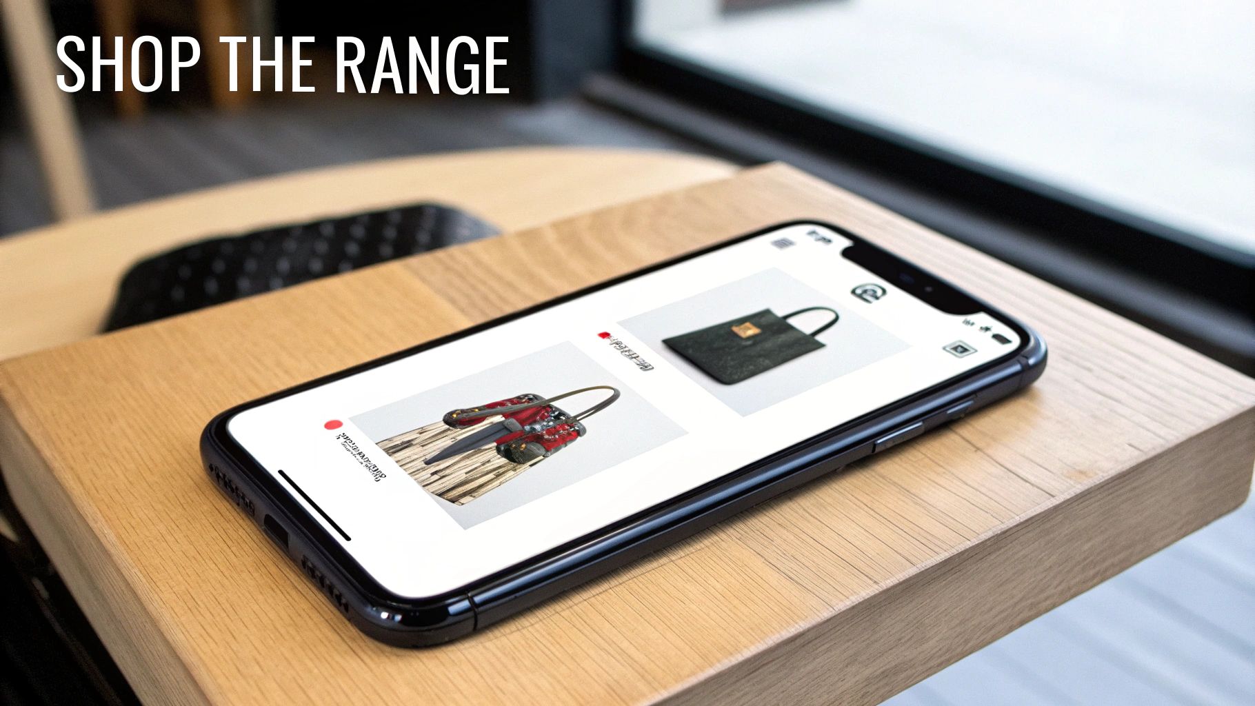 An iPhone on a wooden surface displays an online store featuring stylish handbags.