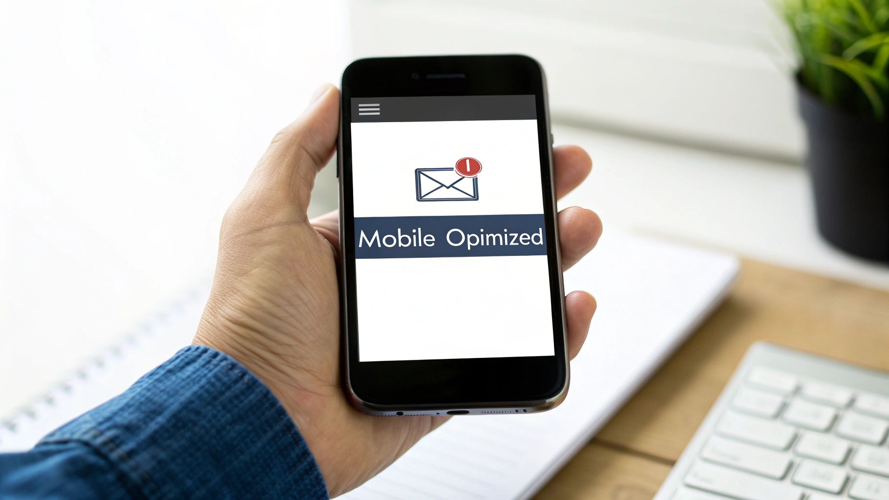 A hand holds a smartphone displaying a 'Mobile Optimized' email message icon on its screen.