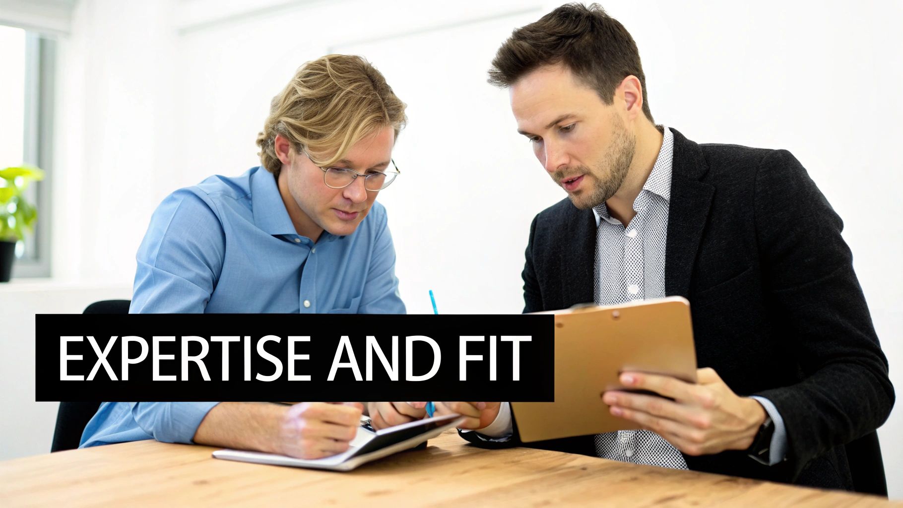Two business professionals collaborating at a table, one writing in a notebook, the other holding a tablet.