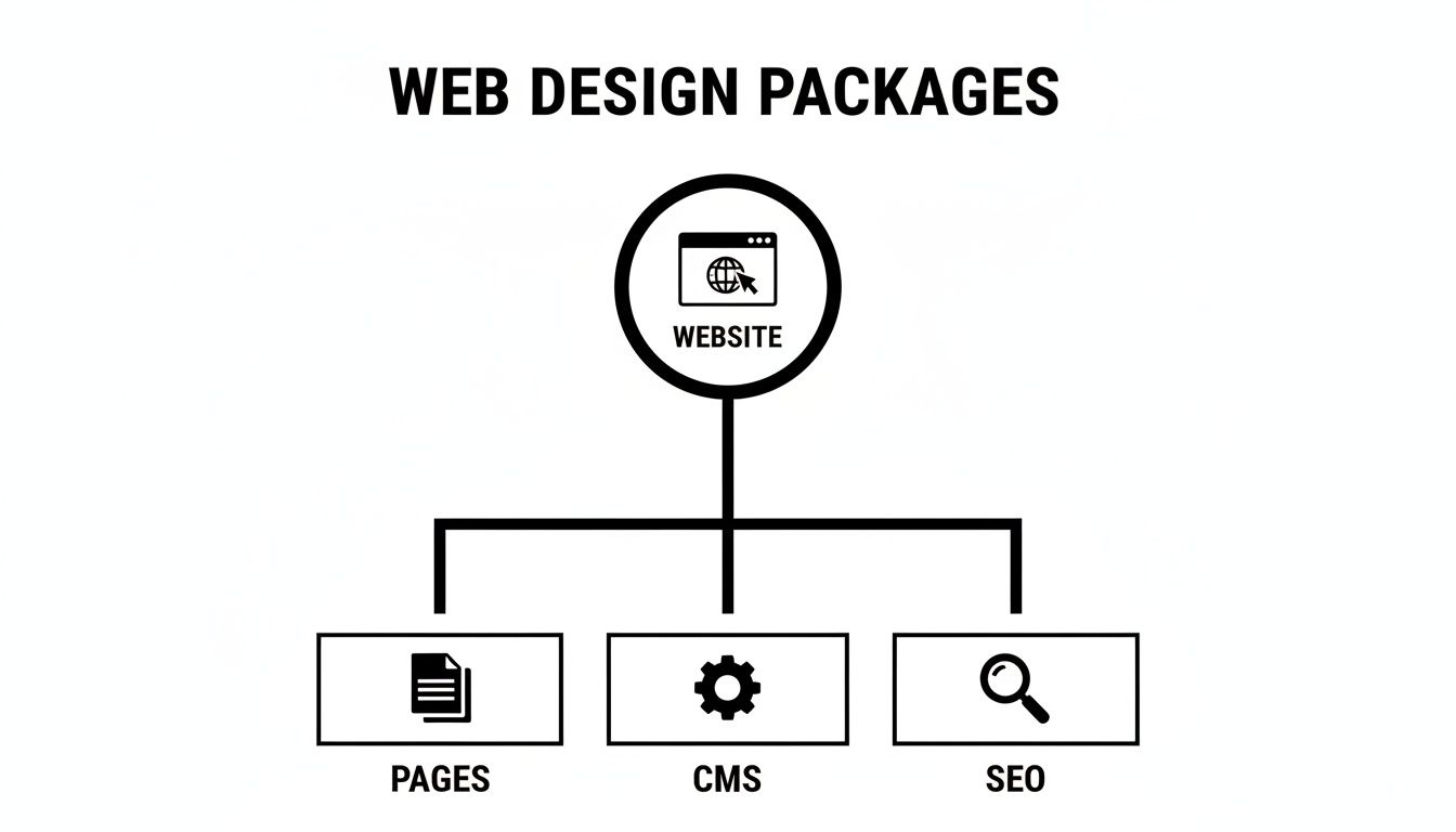 A diagram illustrating web design packages, with website as central, branching into pages, CMS, and SEO.