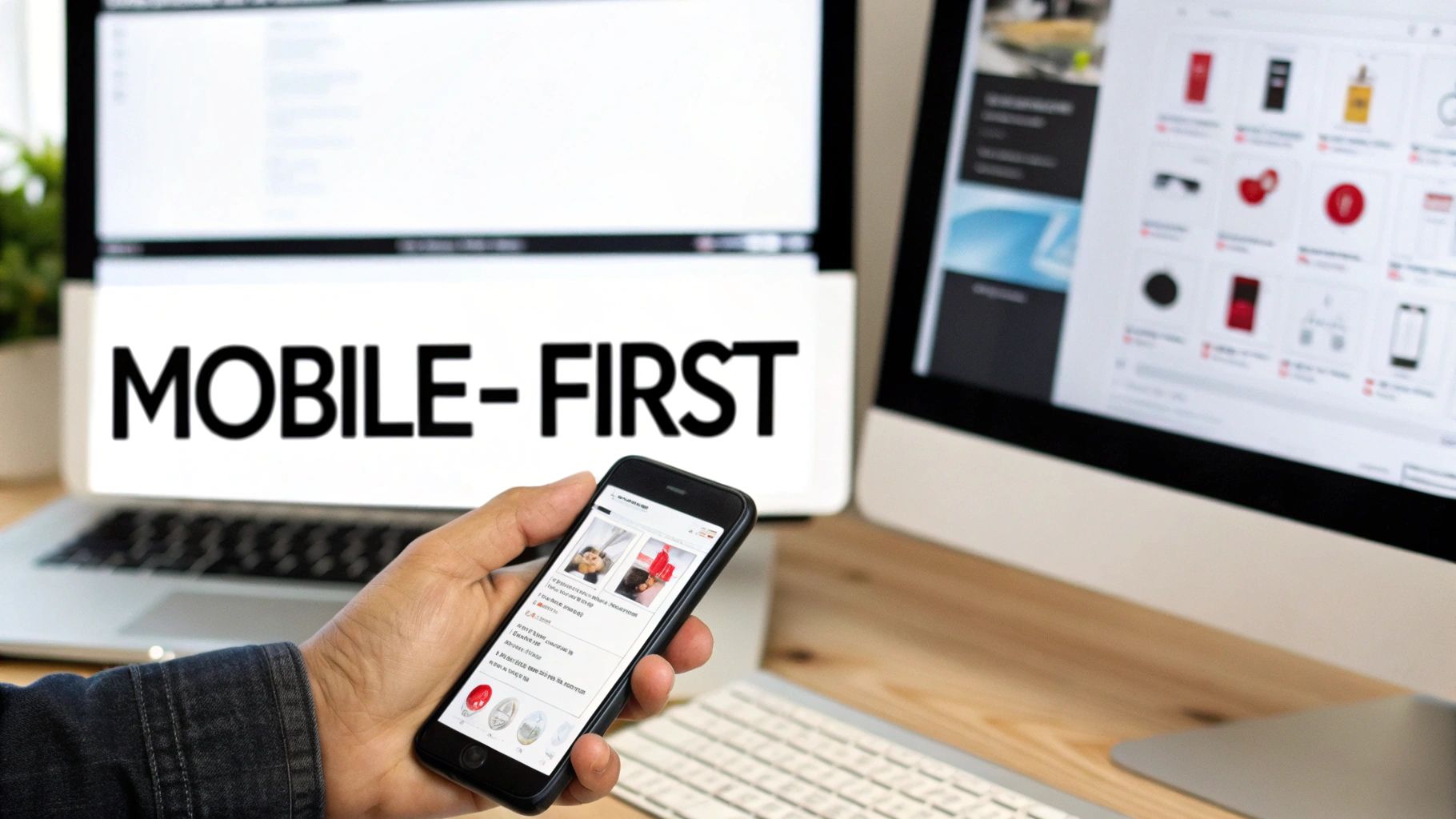Hand holding a smartphone with an e-commerce site, next to laptops displaying "MOBILE-FIRST" and product catalogs.