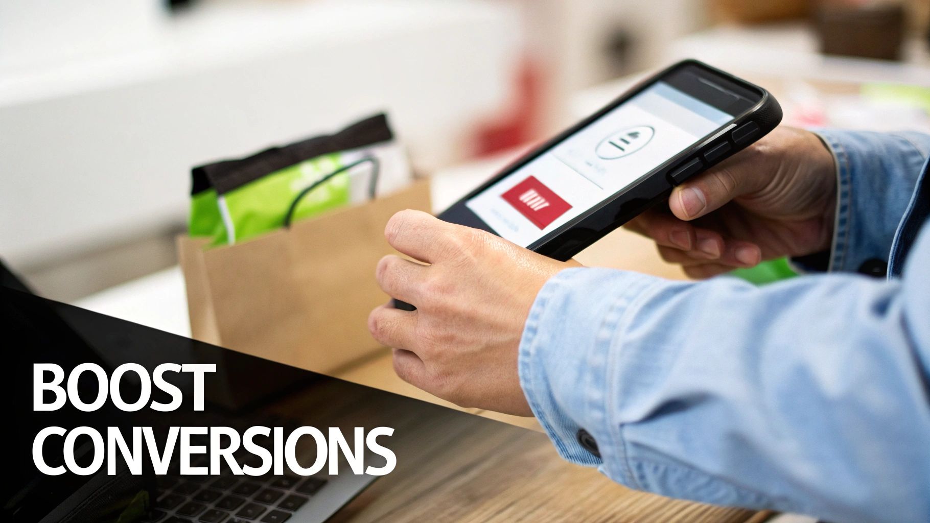 Person holding a smartphone viewing content, with shopping bags and laptop on a desk, showing 'BOOST CONVERSIONS'.