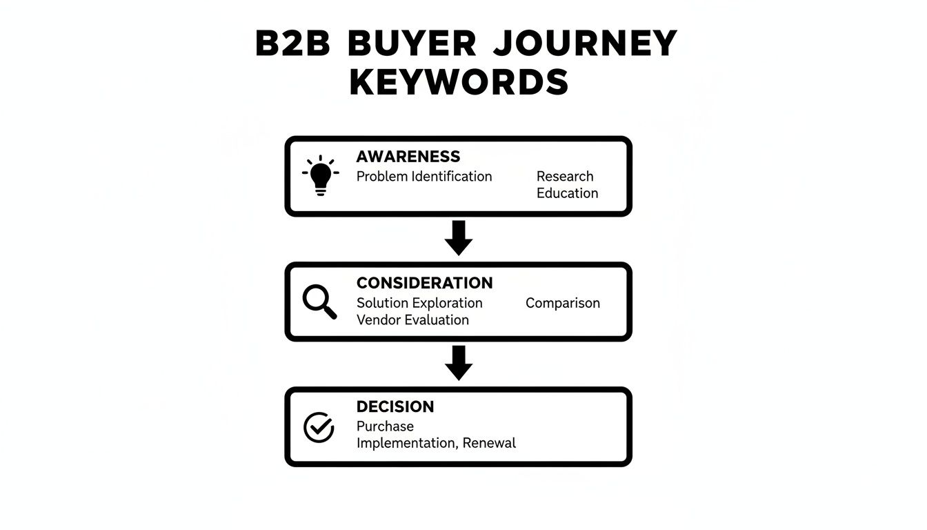 Diagram illustrating the B2B buyer journey stages: Awareness, Consideration, and Decision, with related keywords.