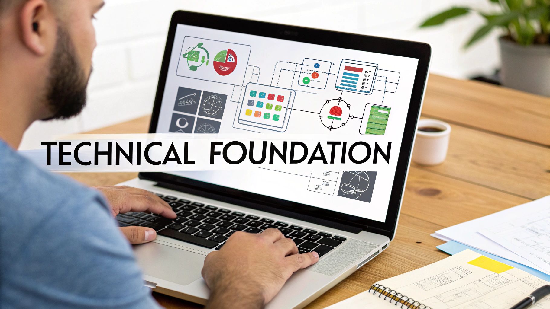 A man types on a laptop displaying 'TECHNICAL FOUNDATION' text over technical diagrams.