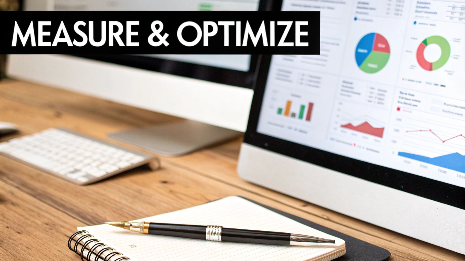 Two monitors on a desk display charts and graphs, with the text 'MEASURE & OPTIMIZE' visible.