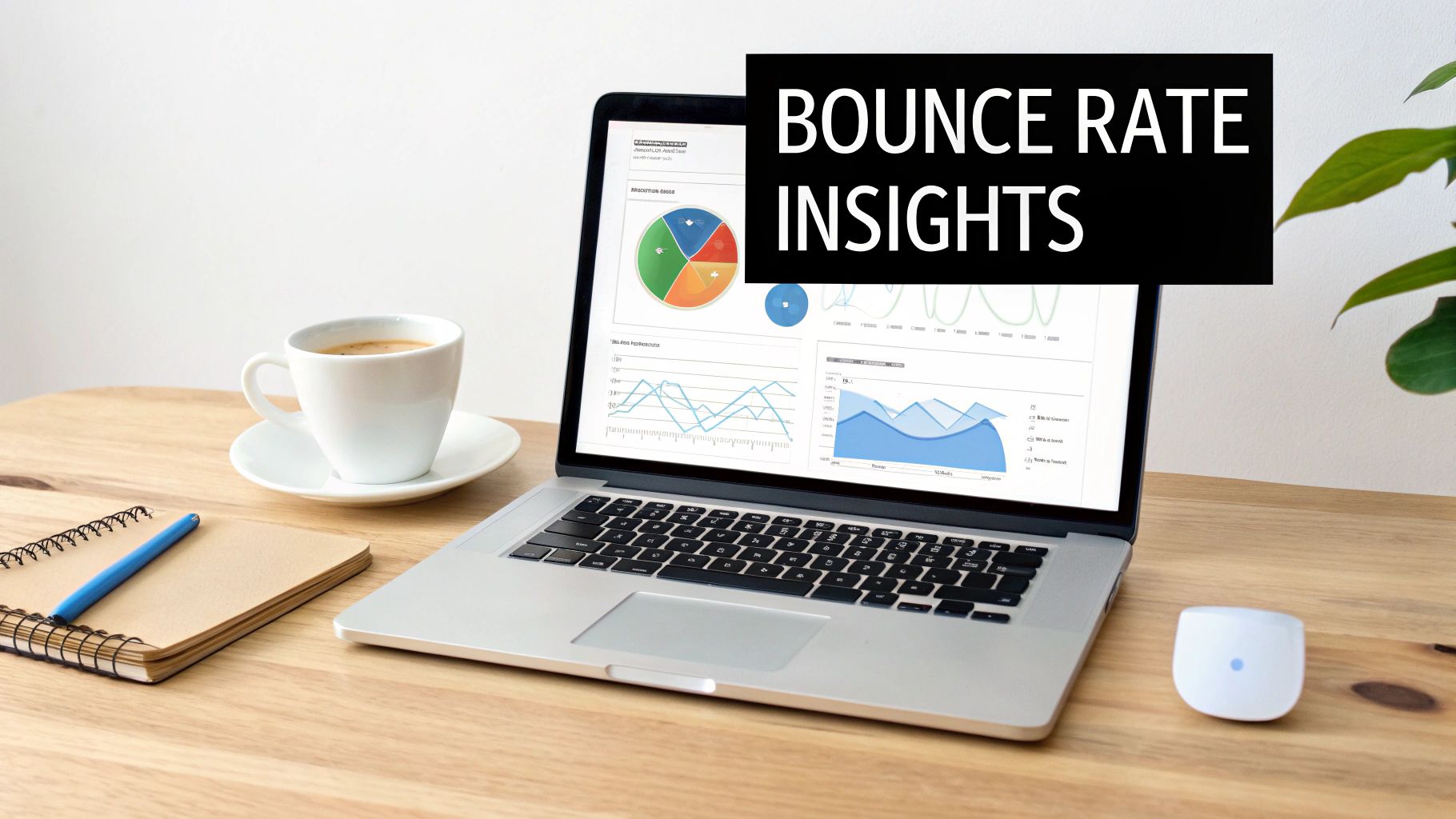 Laptop displaying bounce rate insights dashboard with analytics charts and graphs on wooden desk