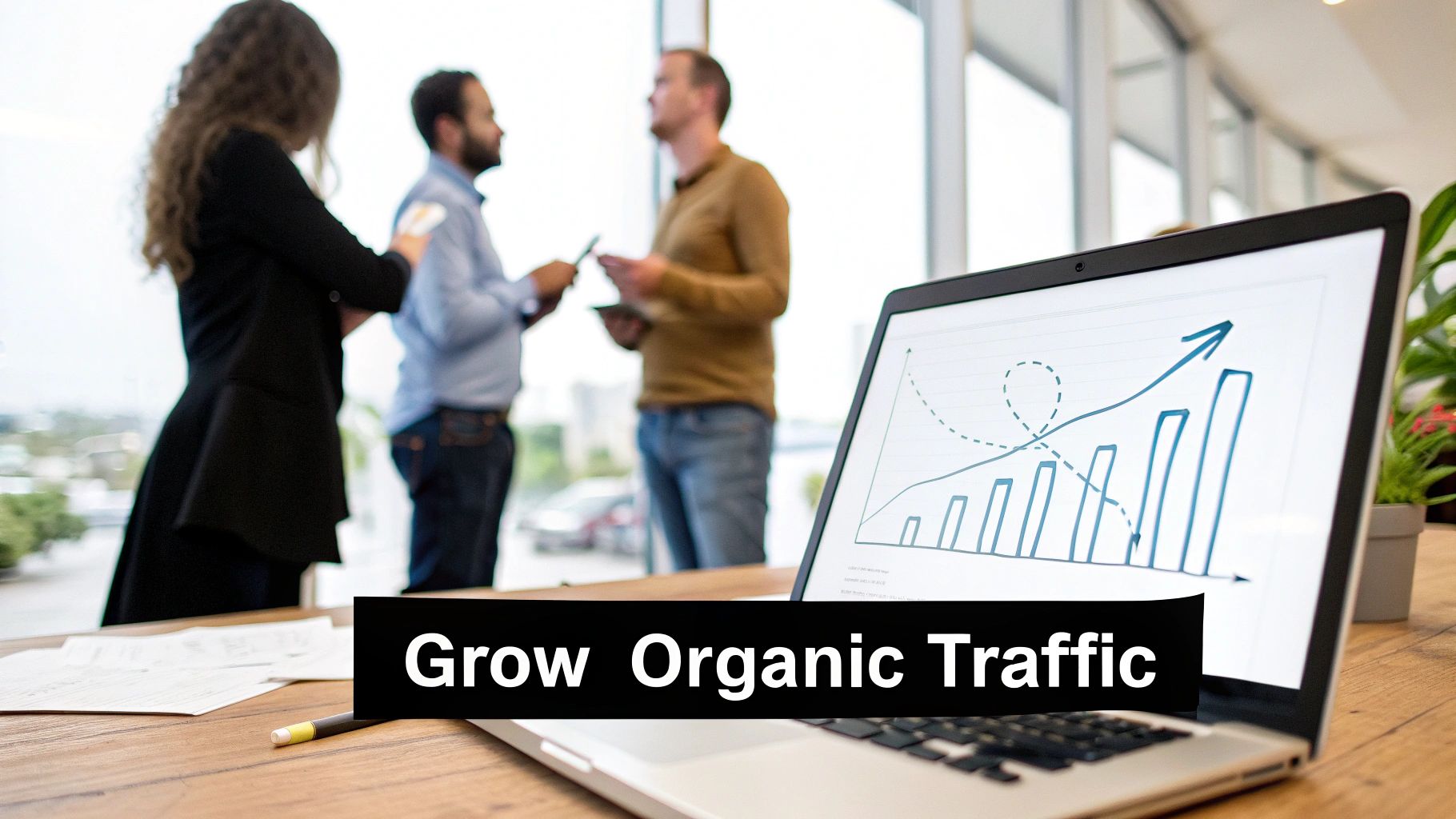 A laptop on a desk showing a graph of increasing organic traffic, with colleagues in an office.