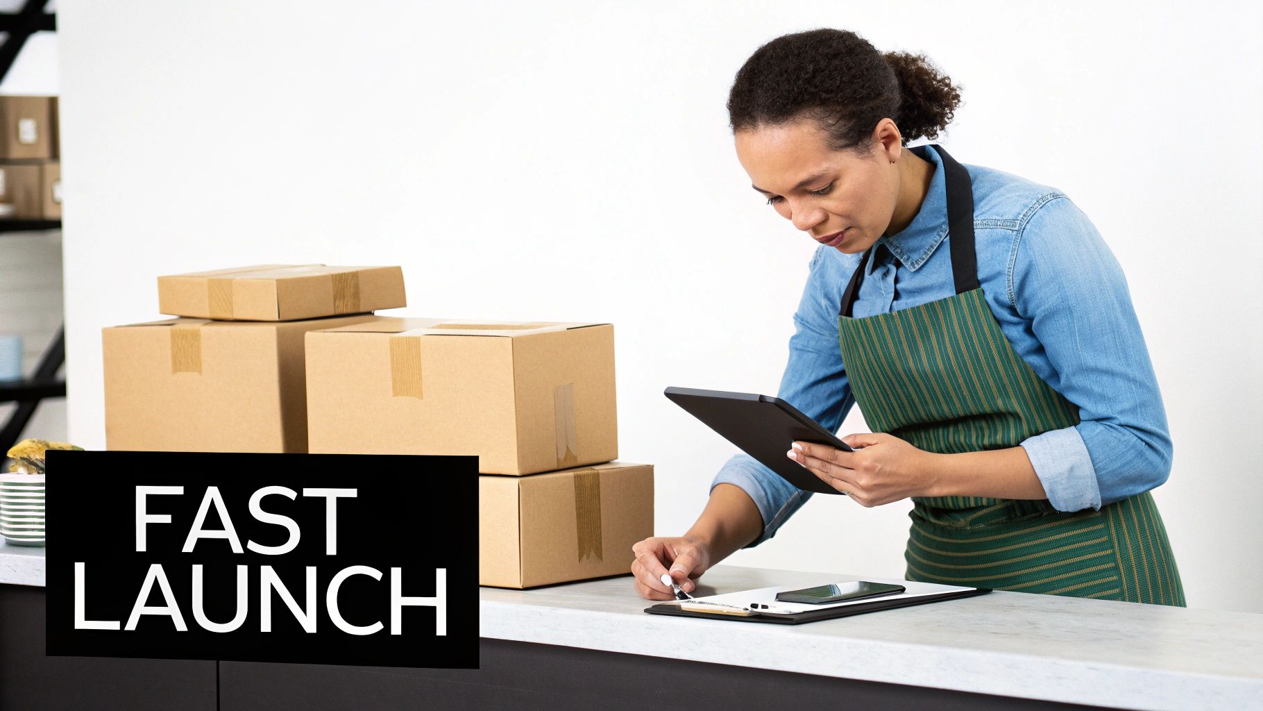 A small business owner checks shipping packages and inventory with a tablet.