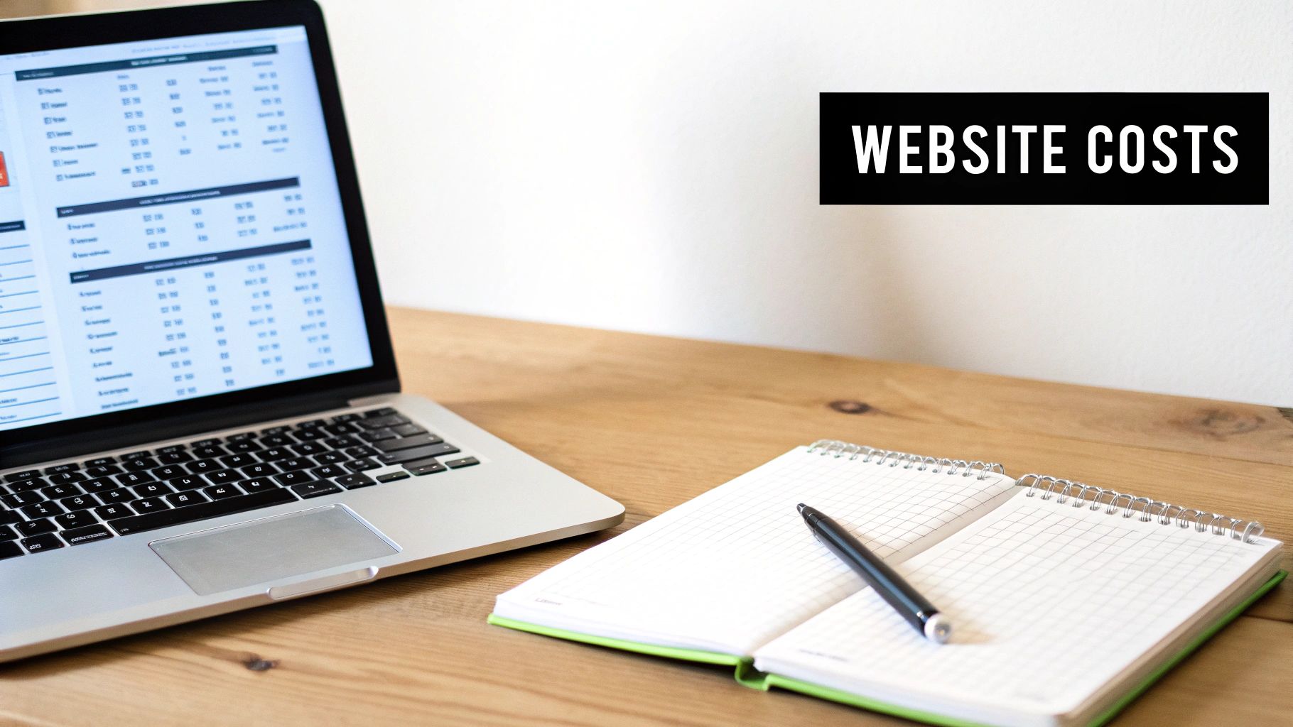 A laptop displaying a spreadsheet, a pen, and an open notebook on a wooden desk with a 'WEBSITE COSTS' banner.