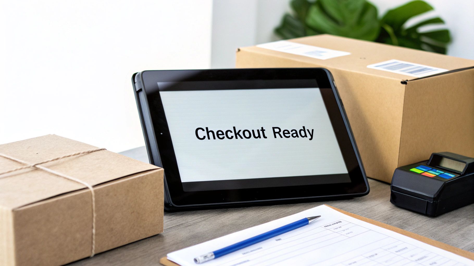 Tablet displaying 'Checkout Ready' with shipping boxes, payment terminal, and clipboard on a desk.