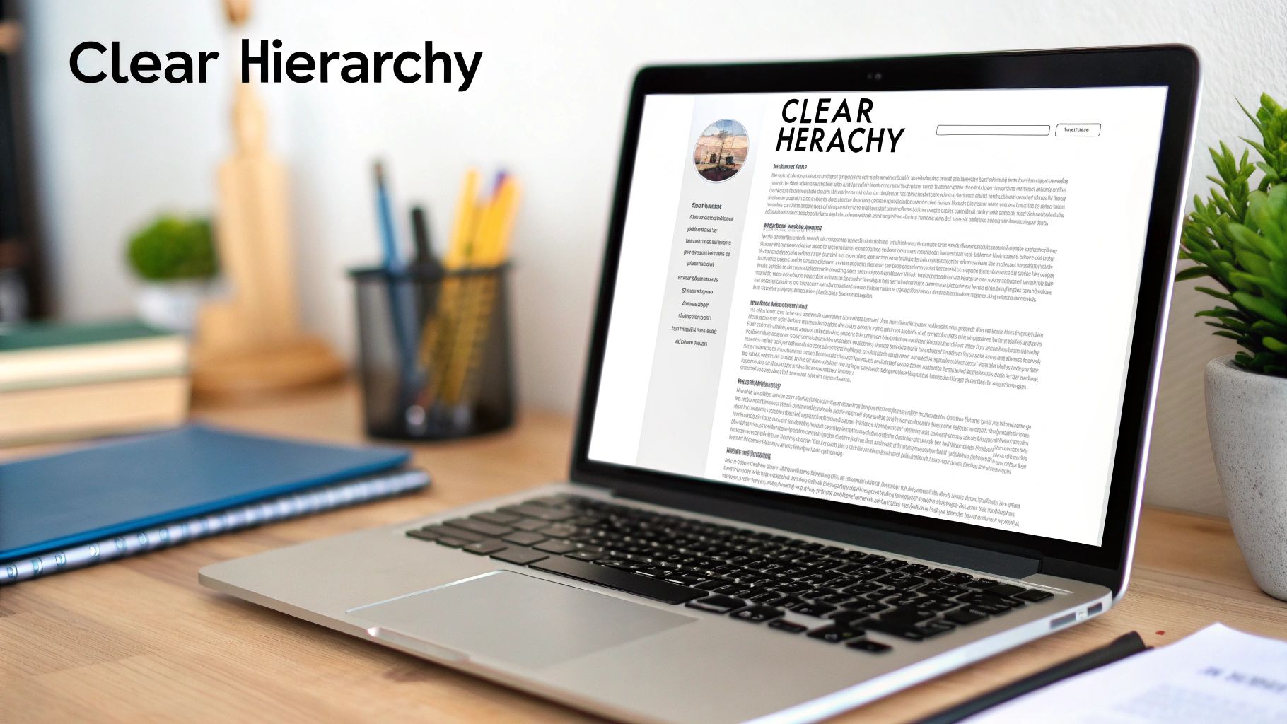 A laptop displaying a website with clear hierarchy elements on a desk with office supplies.