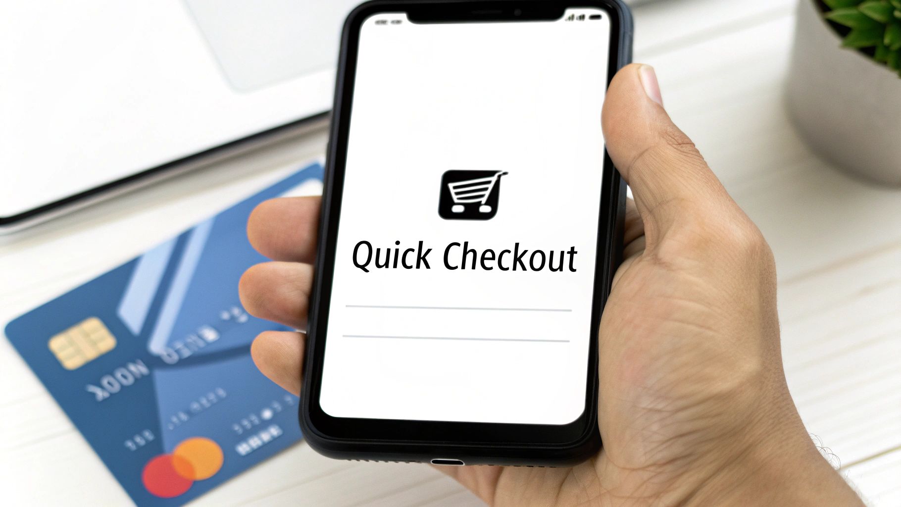 A hand holds a smartphone displaying 'Quick Checkout' with a shopping cart icon, next to a blue credit card.