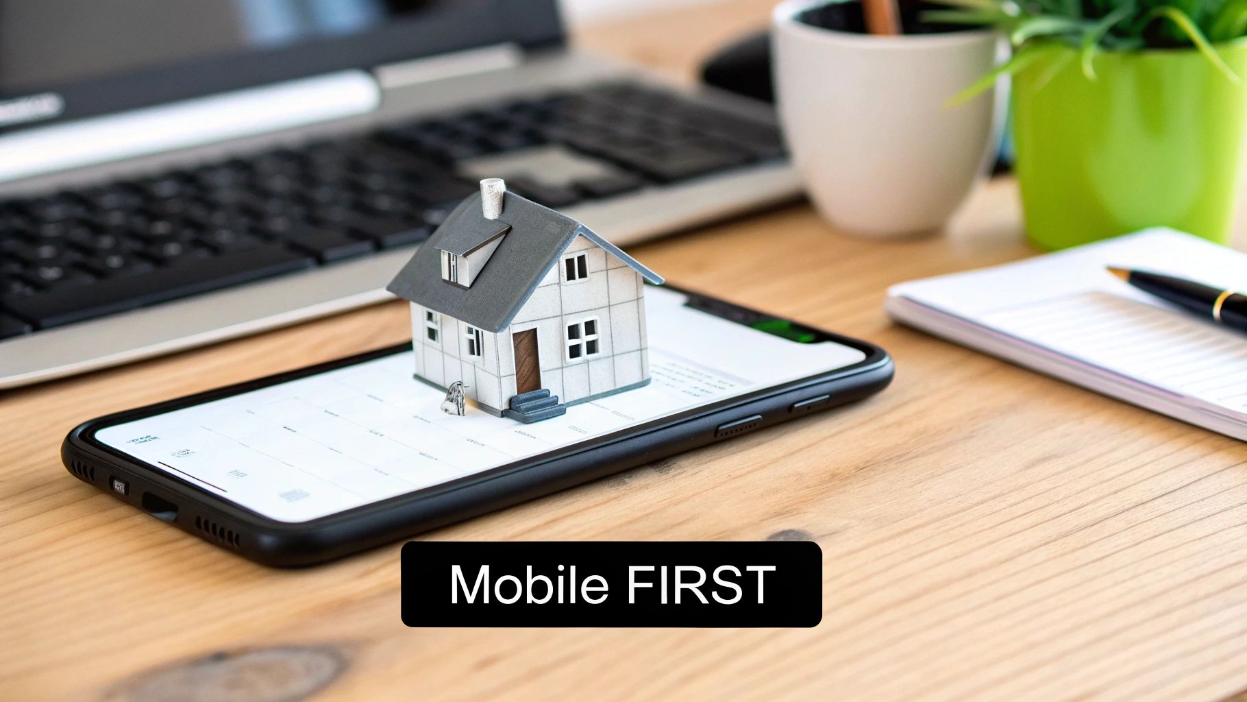 Miniature house on a smartphone with a laptop and desk, emphasizing a mobile-first approach.