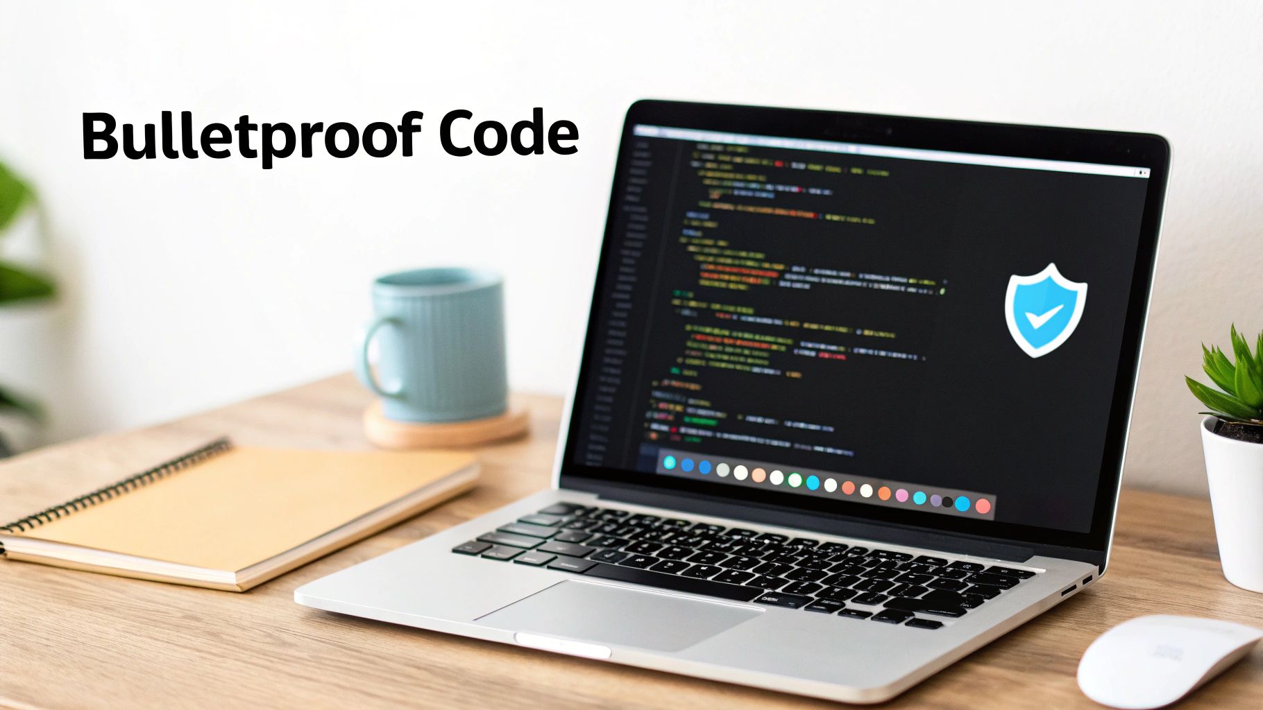 A laptop screen displays secure code with a shield icon, illustrating bulletproof software development.