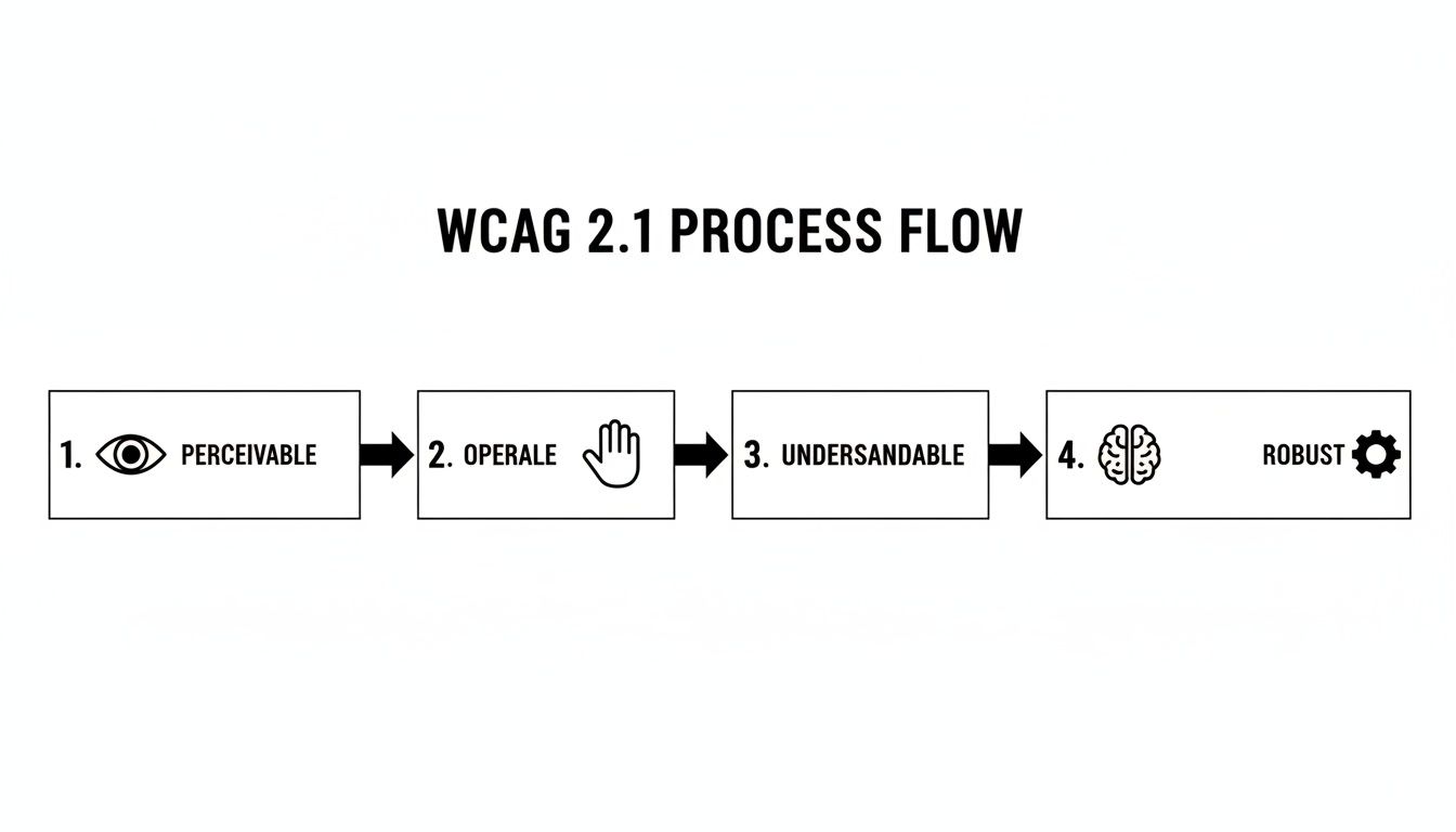 WCAG 2.1 process flow diagram illustrating the four accessibility principles: Perceivable, Operable, Understandable, and Robust.