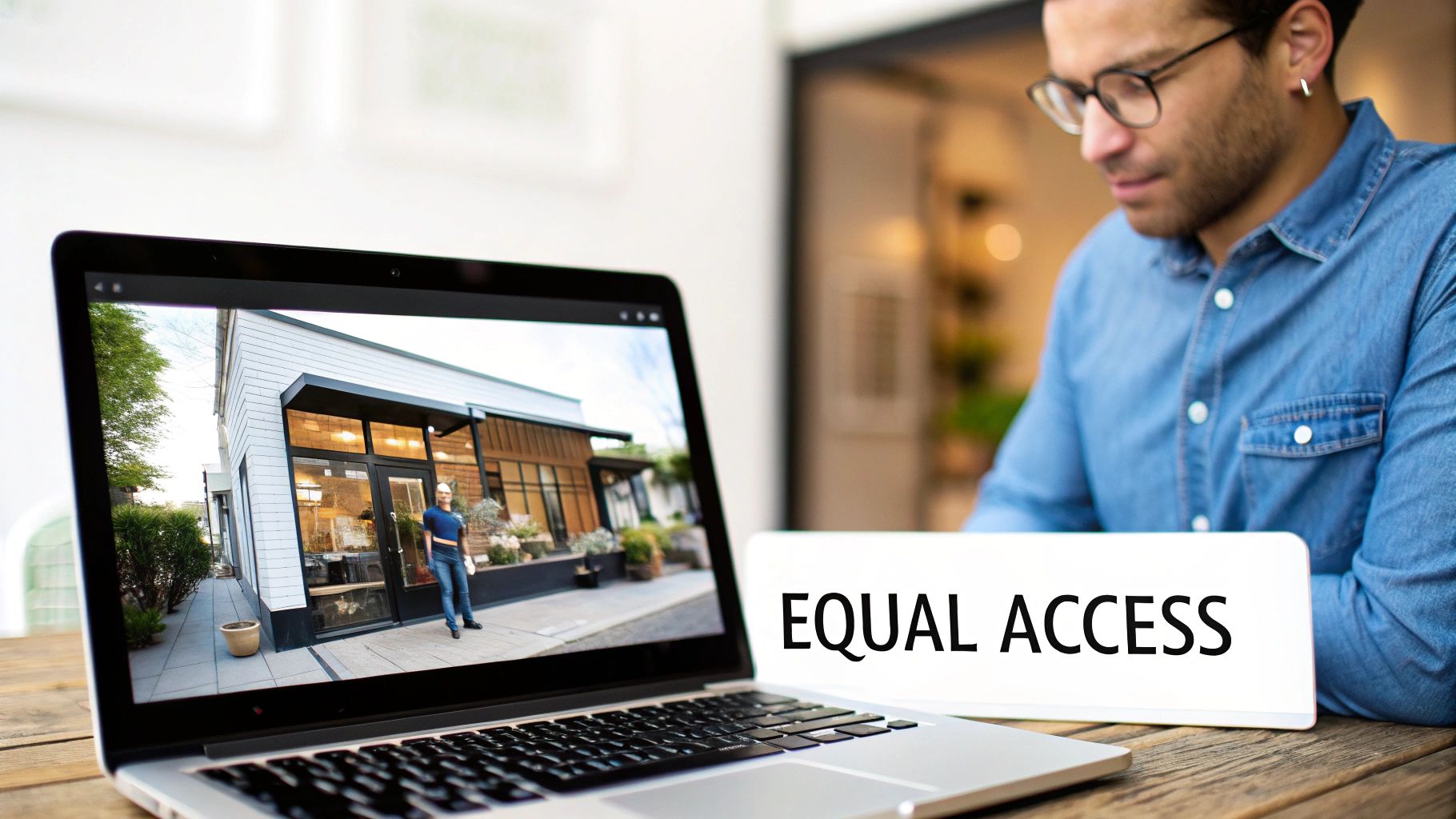 A man views a laptop showing a modern building facade, with an 'EQUAL ACCESS' sign nearby.