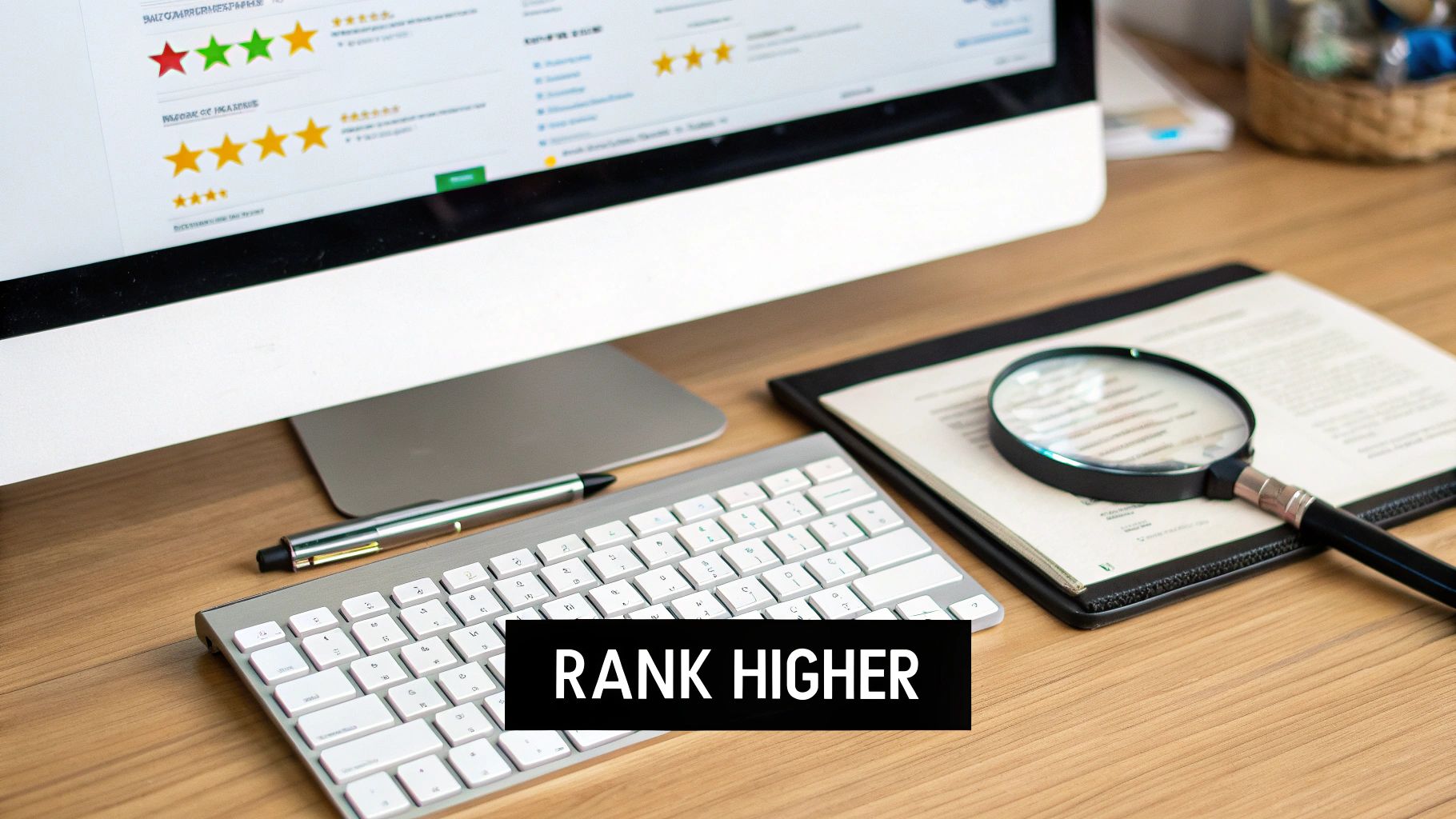 A desk with a computer displaying star ratings, a keyboard, and a magnifying glass, with a 'RANK HIGHER' overlay.