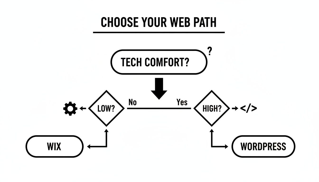 A flowchart guiding users to choose a web platform based on their technical comfort, suggesting Wix or WordPress.