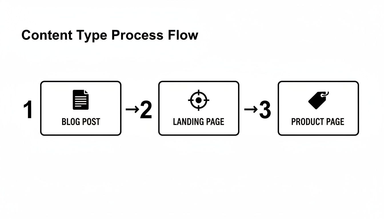 Diagram illustrating a content type process flow: from blog post, to landing page, then to product page.
