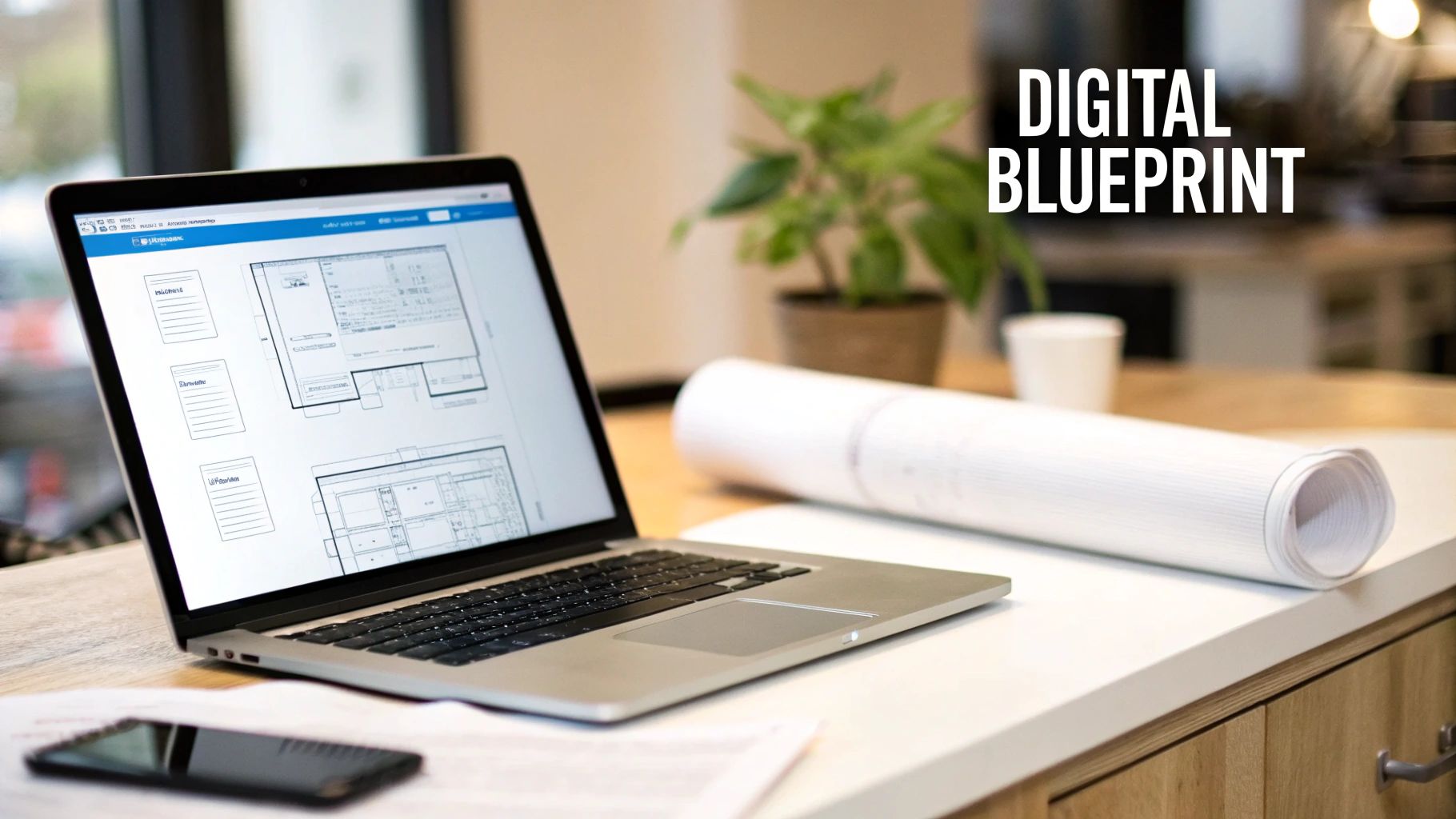 A laptop displays digital architectural blueprints next to a rolled physical blueprint on a clean desk.