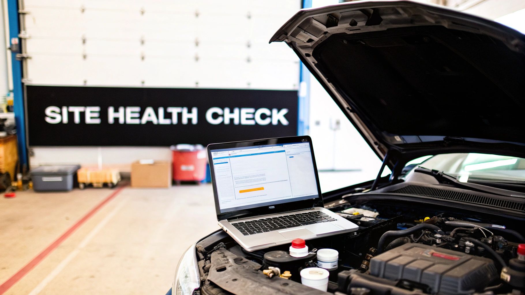 A laptop open on the hood of a car displays diagnostic software, with a 'SITE HEALTH CHECK' sign in the background.