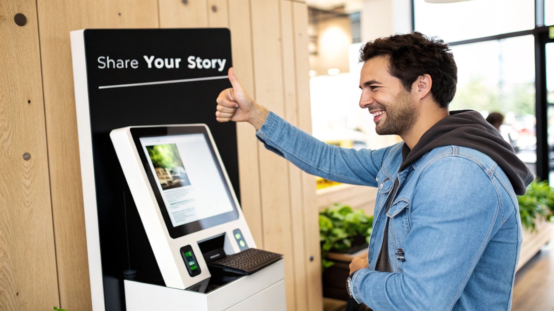 A person managing multiple digital channels on a screen, representing reputation management tools.