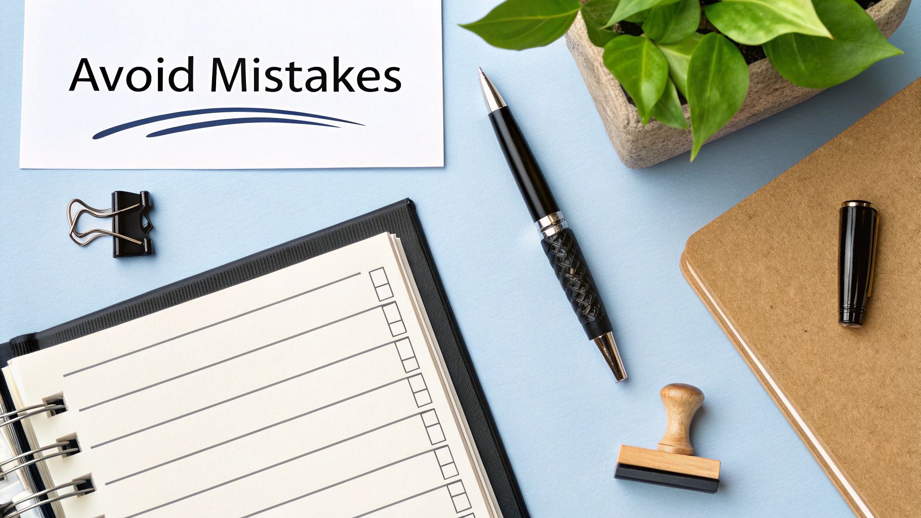 Flat lay of a blue desk with a note reading 'Avoid Mistakes', a checklist notebook, pen, and plant.