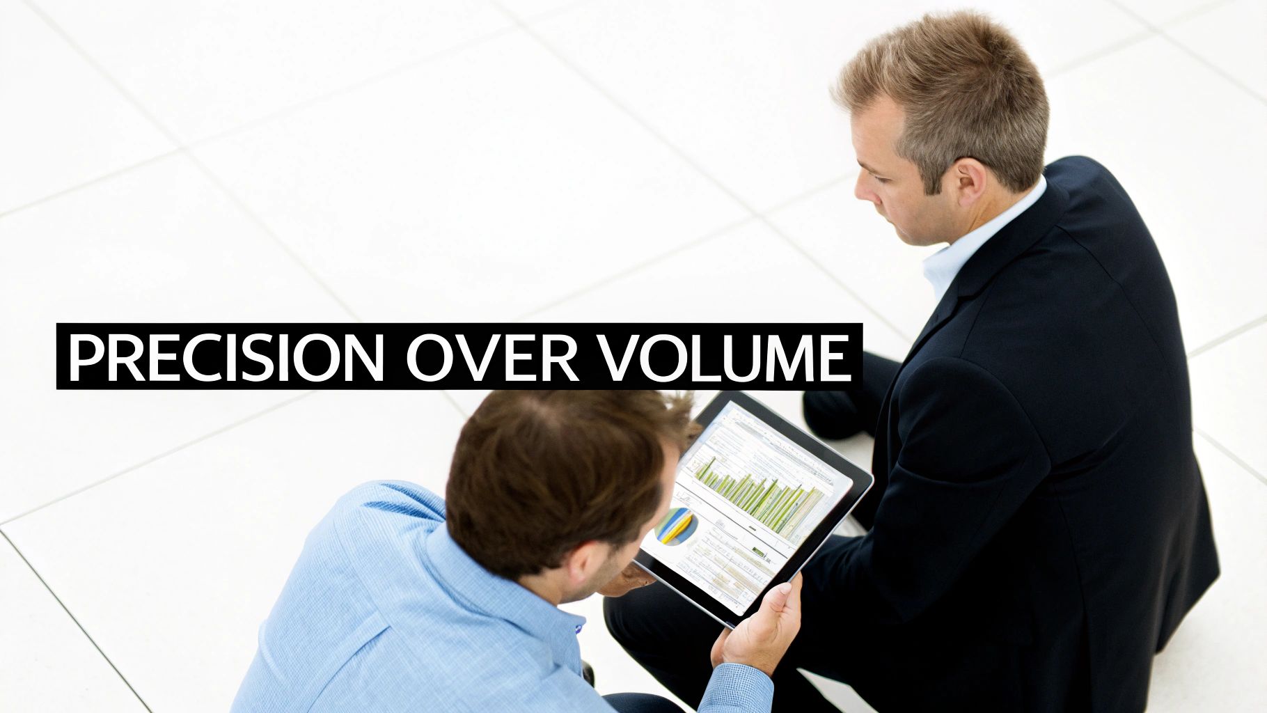 Two professionals discuss data analytics on a tablet, featuring 'PRECISION OVER VOLUME'.