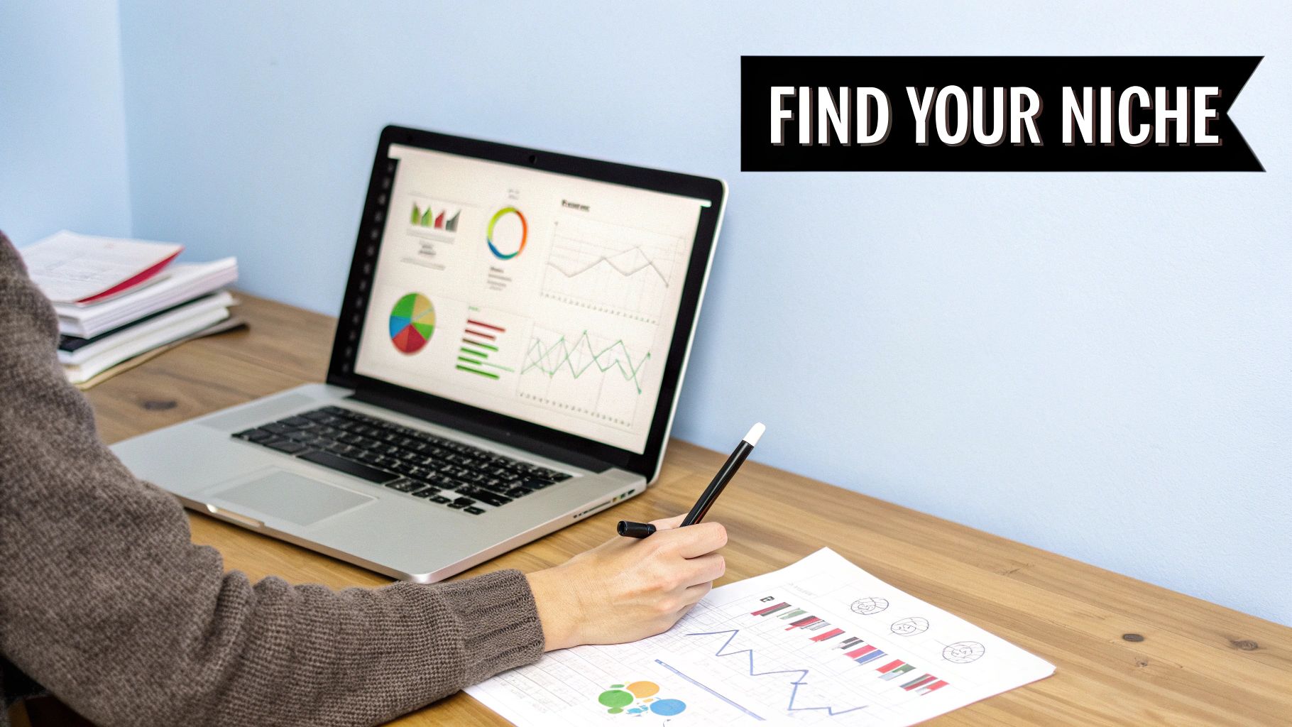 A person analyzes business data and charts on a laptop and paper, with a 'Find Your Niche' banner.